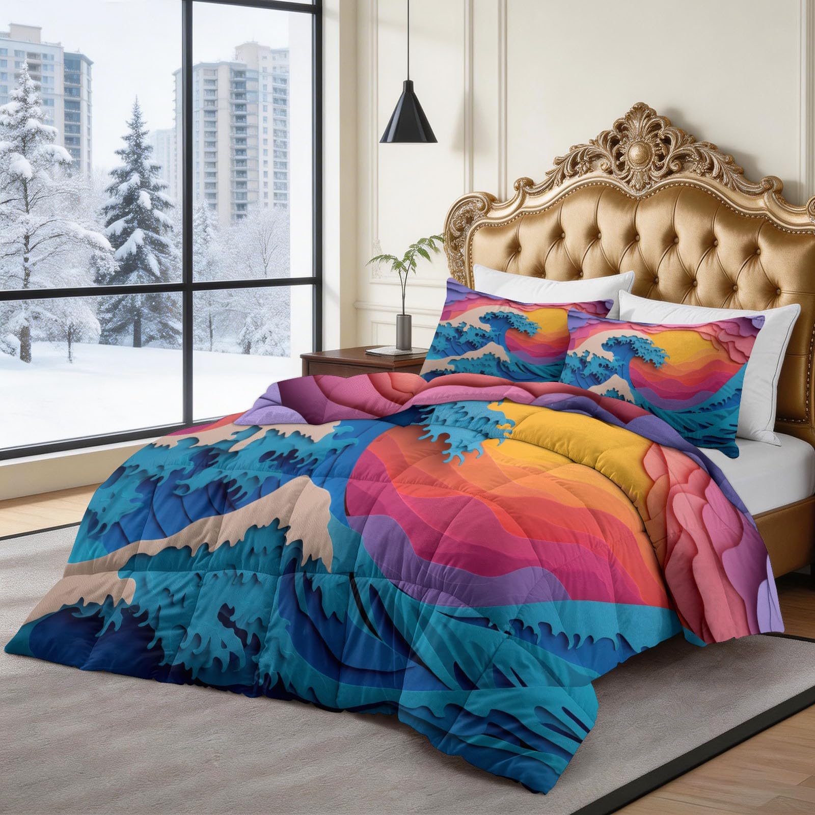 Trapunta Matrimoniale 150x200 cm Tramonto Astratto E Onde Dell'Oceano Piumone 4 Stagioni Microfibra Traspirante Morbida, Trapuntino Copriletto Stampa 3D con 2 Federe 50x80 cm