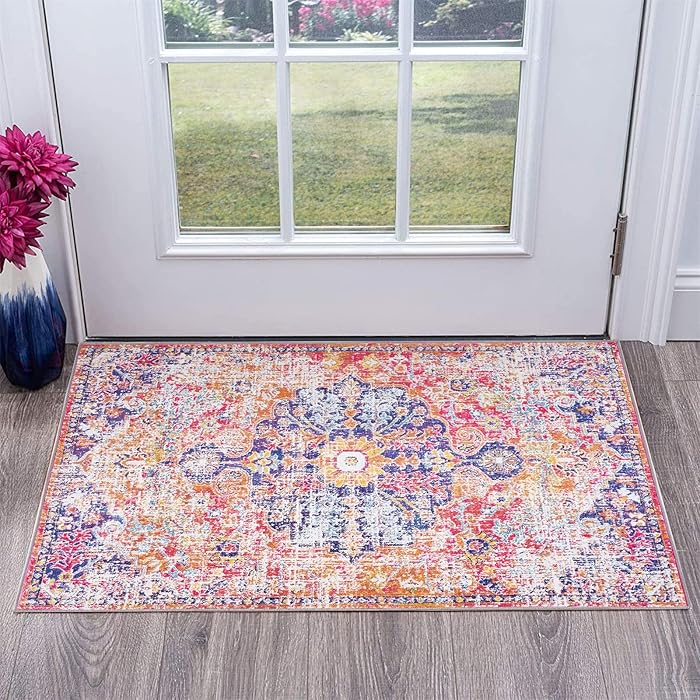 7 Best Ultra Thin Door Mat to Fit Under Door 🚪 Estmy Ultra Thin Washable Boho Area Rug - 2x3 Vintage Distressed Non-Slip Entryway Rug Oriental Medallion Kitchen Rug Entrance Mat