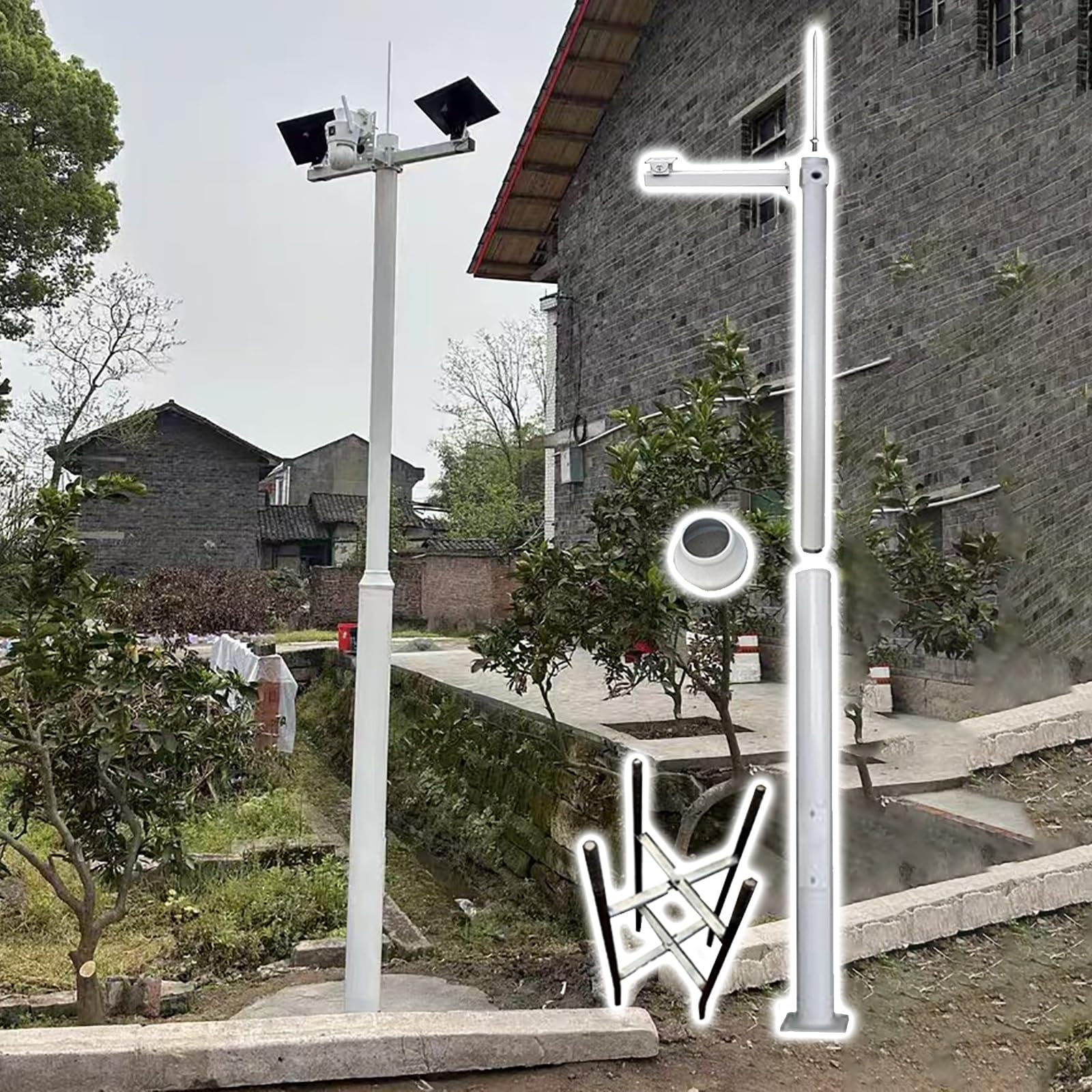 MLYAYE Weatherproof Extra-Long Splicing Security Camera Pole, 6.6' - 19.7 Ft Tall Solar Street Lamp Post Light Pole Outdoor, Solar-powered Surveillance Bracket Mount(9.8ft/3.0m)