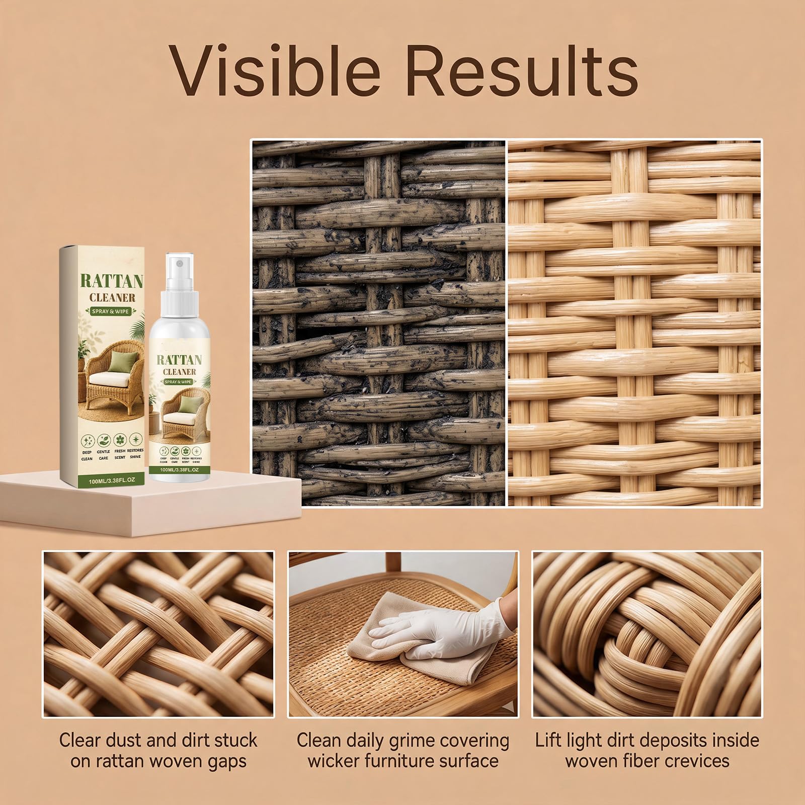 Limpiador y pulidor para rattan – restaura brillo en sillas (5pcs) | Para muebles de mimbre, rattan y tejidos. Uso interior/exterior. Pulverizar y limpiar. Elimina polvo, suciedad. 100 g. 3 años