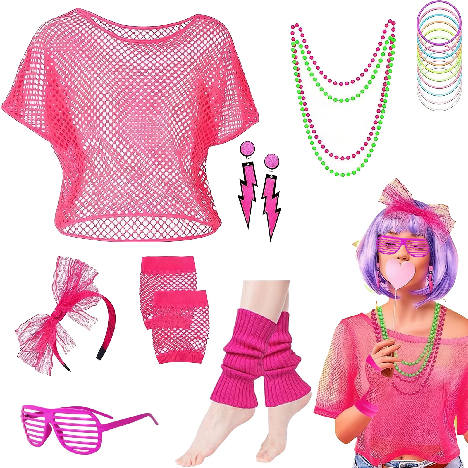 HotoPink 80s Fancy Dress Costume Accessories Set for Women, Pink Neon Mesh T-Shirt Lace Headband Earrings Lace Gloves Necklace Bracelet 80s Retro Party Outfit for Girls Night Hen Do Party