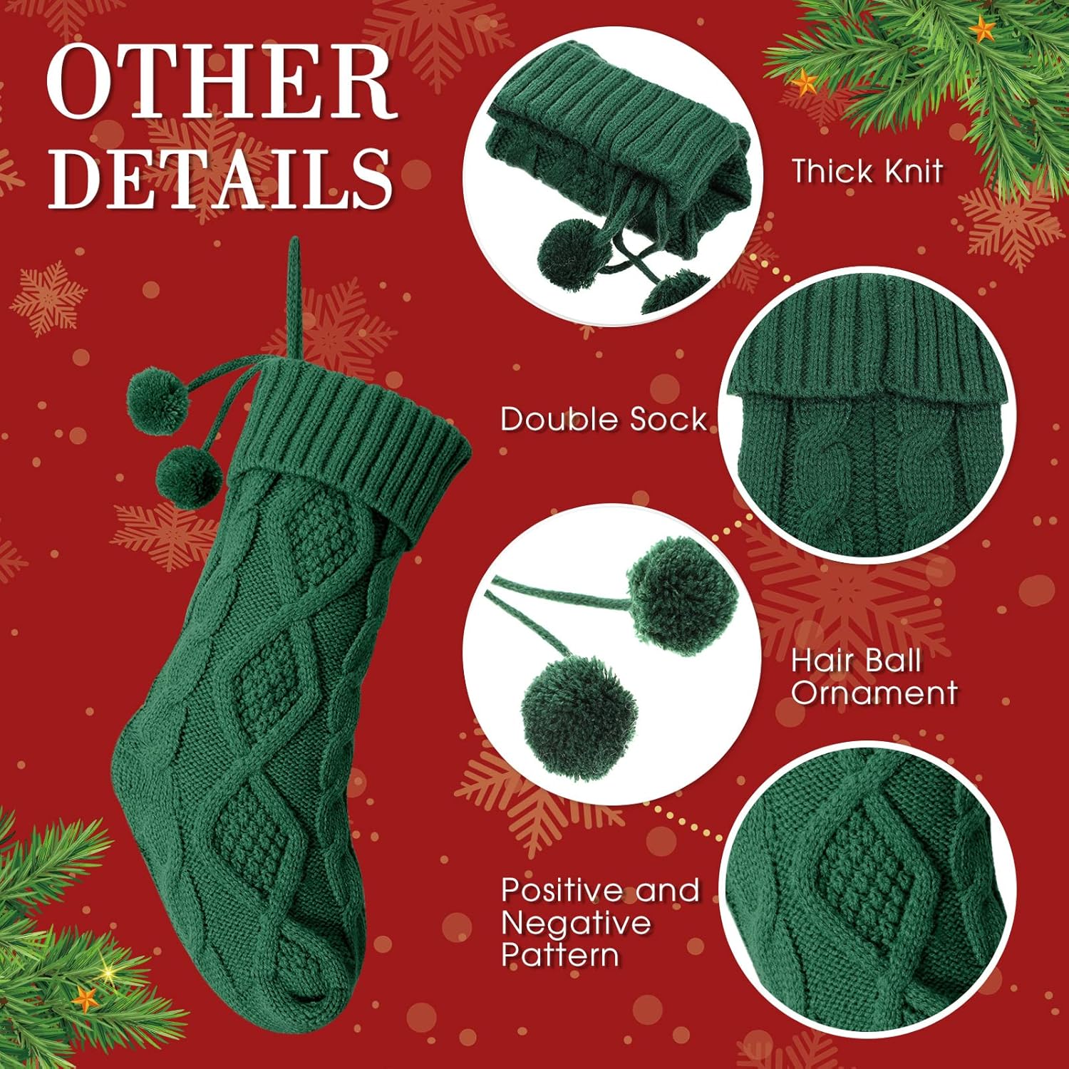 EBOOT 6 Pack Christmas Stockings with Pompom Ball, 14.5 Inches Dark Green Christmas Hanging Stockings Christmas Cable Knitted Stockings for Xmas Tree Decoration Festival Party Ornament Holiday Decor