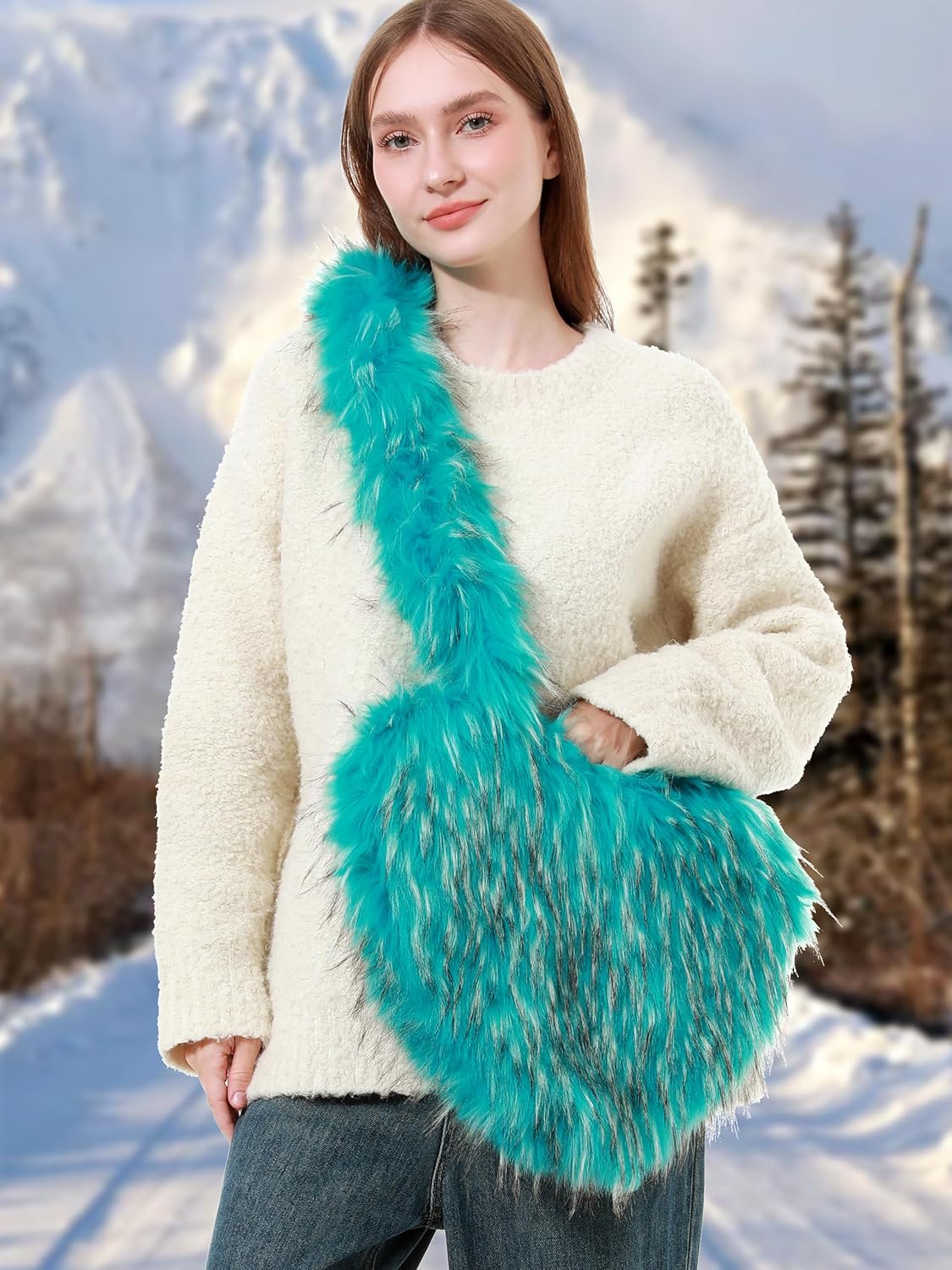 Women Faux Fur Heart Shaped Shoulder Crossbody Bag Furry Fluffy Large Trendy Y2K Girls Handbag - Image 3