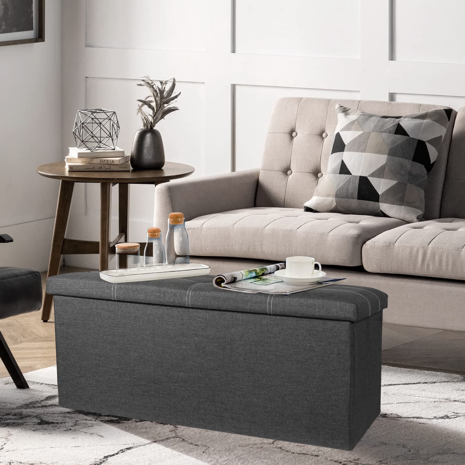 Mrcrypos Ottoman Bench Dark Grey Linen Storage Ottoman Coffee Table Folding Long Shoes Footstool Dressing Stool Suitable for Living Room Bedroom 30"x15"x15"