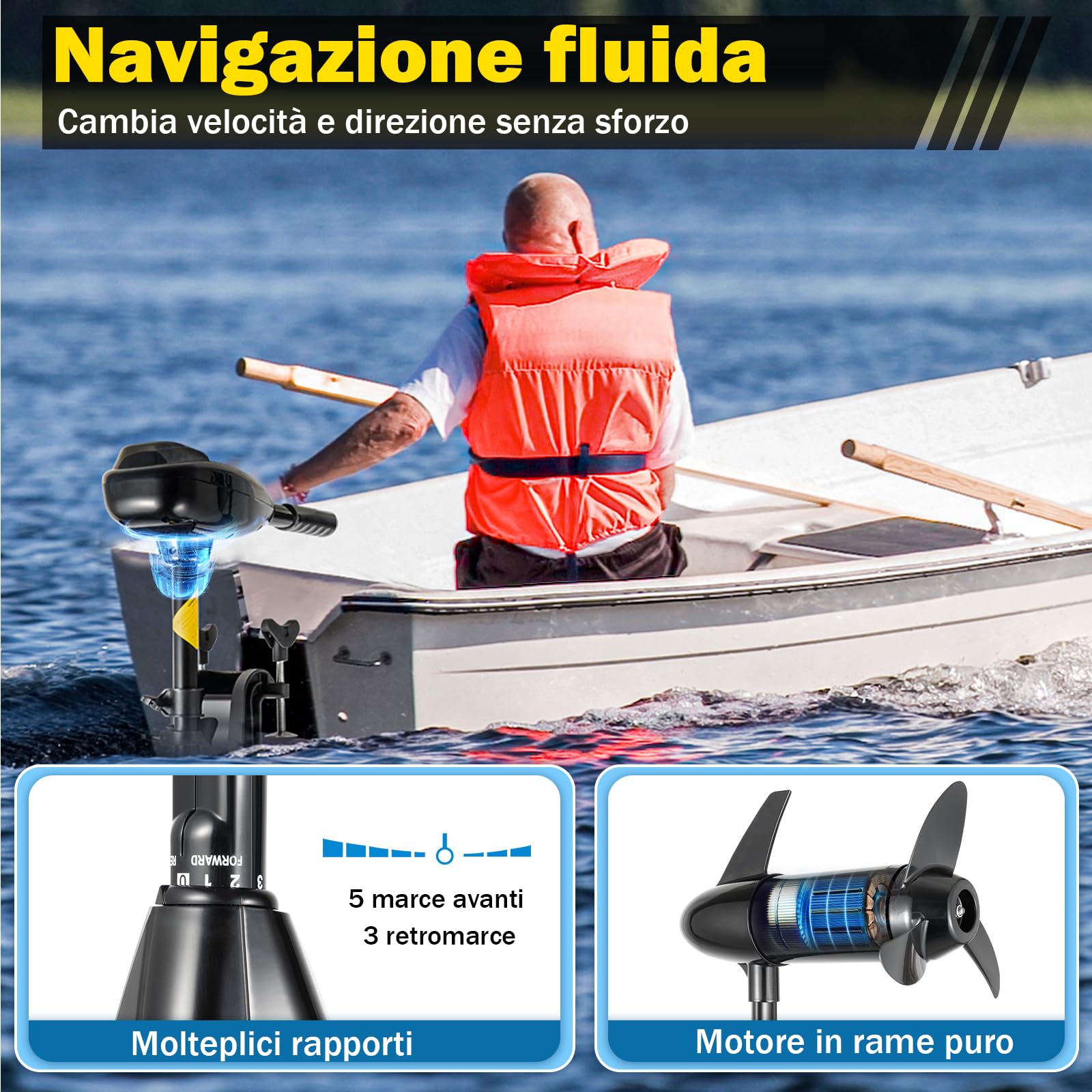 Motore fuoribordo elettrico 12V 80 lbs 626W 8 marce