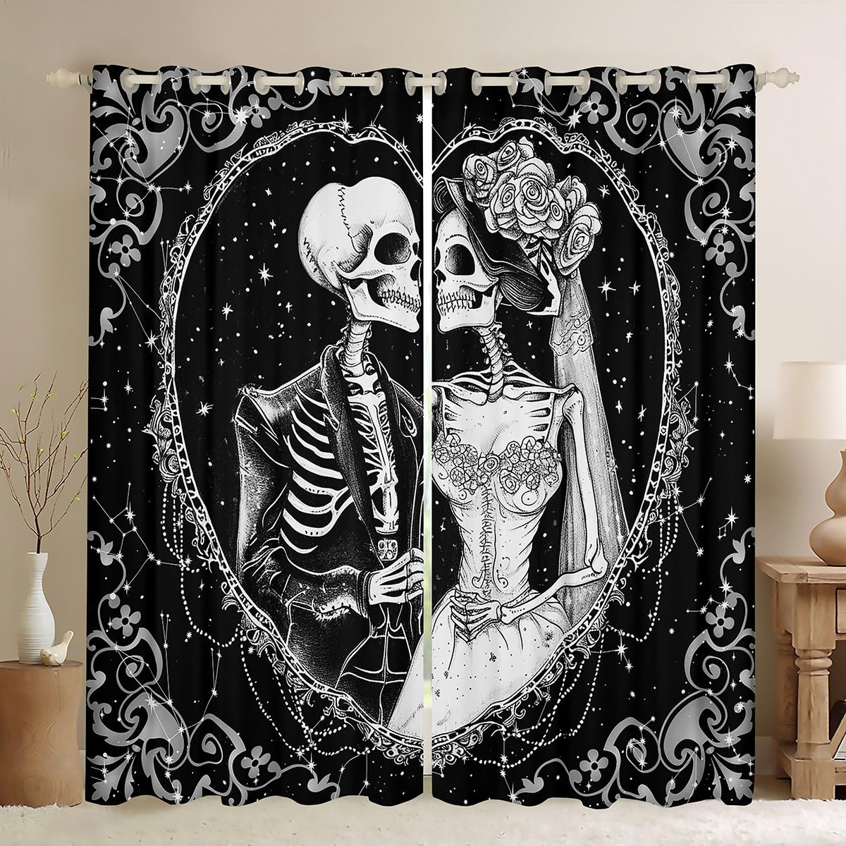Manfei Skeleton Couple Kids Blackout Curtain Gothic Skull Window Drapes for Boys Girls Bedroom Decor, Halloween Black White Window Treatments, Grommet Top 2 Panel Set Bedroom Curtains, 46Wx72L inch — image 1