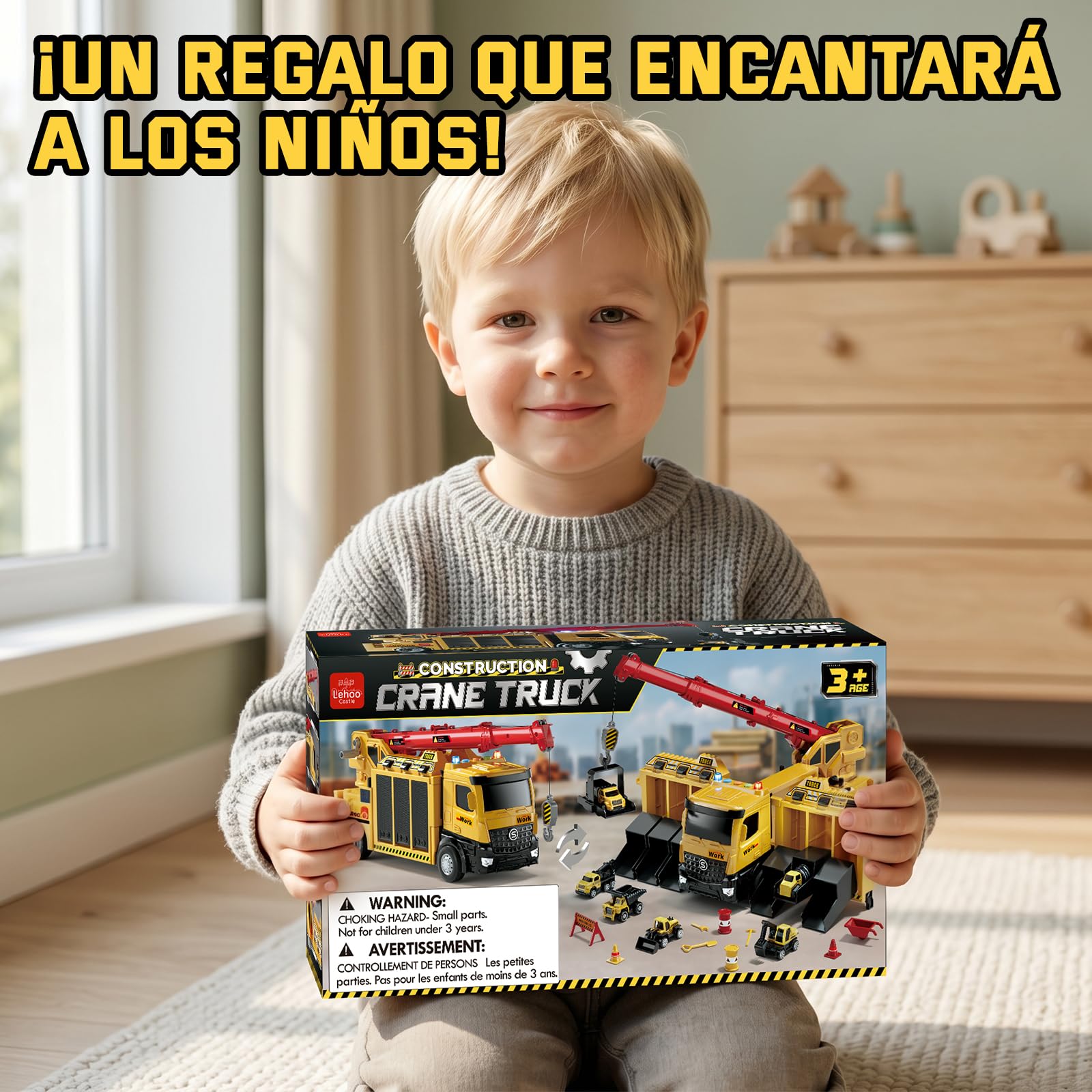 Lehoo Castle Camión de Juguete con Grúa Luz y Sonido, Vehículos de Construcción Regalo para Niños de 3 4 5 6 Años, Garaje Coches Juguete con 6 Mini Excavadora Tractor y Piezas de Construcción