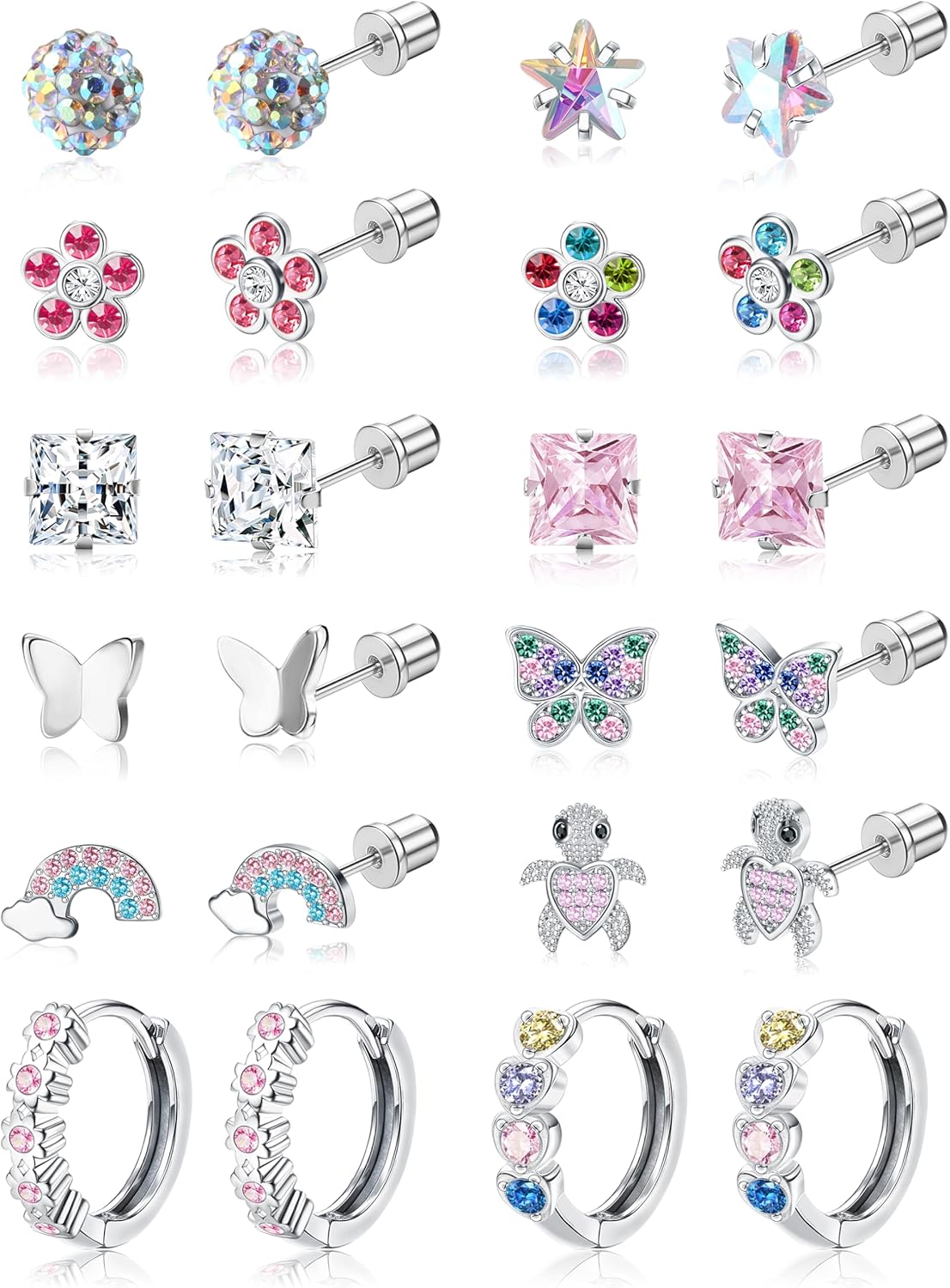 Product image of FIASASO Hypoallergenic Surgical Stainless Steel Earrings for Girls Kids Women - 12 Pair Screw Back Earrings for Sensitive Ears Cute Flower Butterfly Toddler Stud Hoop Earrings Screwback Girl Earrings