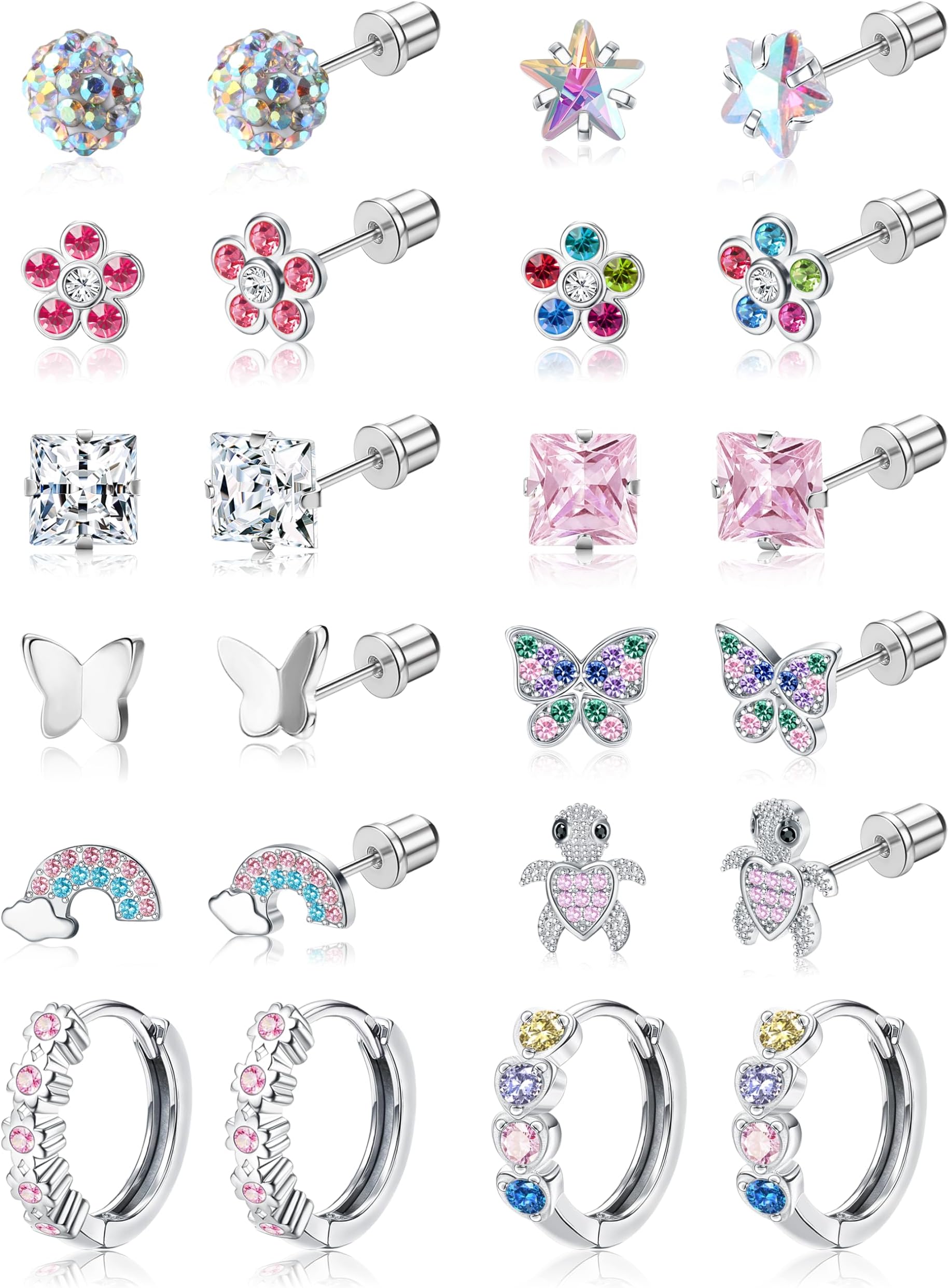 Hypoallergenic Surgical Stainless Steel Earrings for Girls Kids Women - 12 Pair Screw Back Earrings for Sensitive Ears Cute Flower Butterfly Toddler Stud Hoop Earrings Screwback Girl Earrings