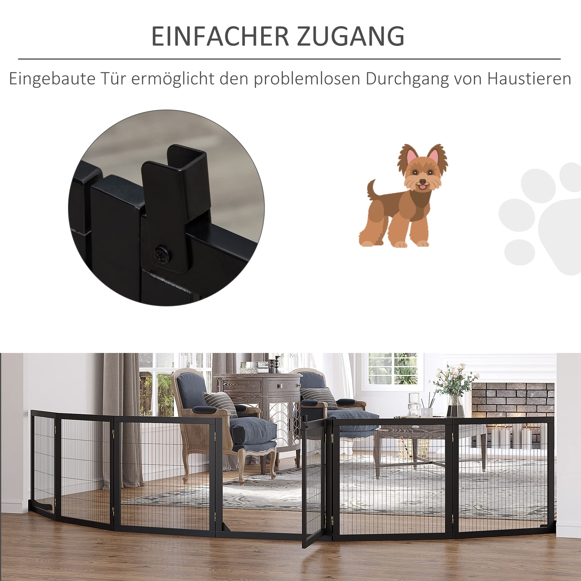 PawHut Puerta de seguridad Barrera para perros Puerta de seguridad con reposapiés Puerta para perros Puerta de seguridad para chimenea y estufa, plegable bidireccional Madera de pino Metal Negro 432 x