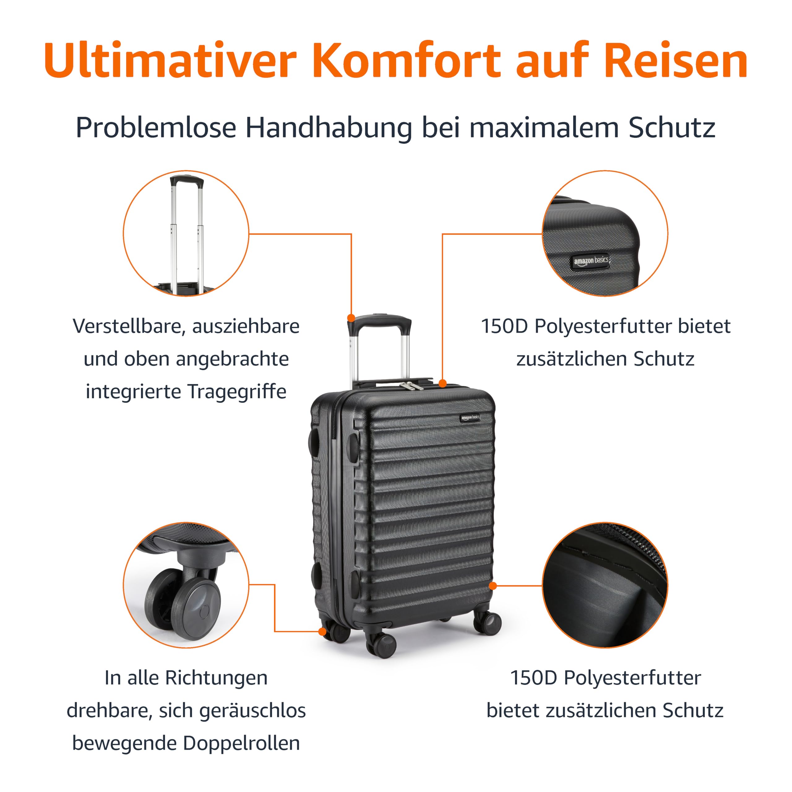 Amazon Basics Hartschalen-Kabinen-Koffer - ABS-Handgepäck Zugelassen für Ryanair - Kratzfest und Leicht - 55 x 40 x 20cm - Schwarz