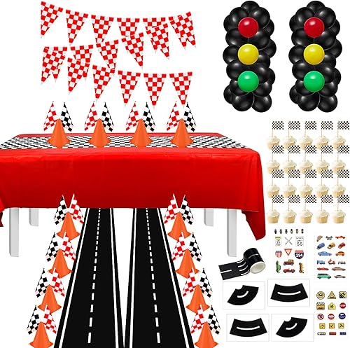 Suministros para fiestas de autos de carreras, 12 conos de tráfico con agujeros en la parte superior, 24 banderas a cuadros, mantel de fiesta de