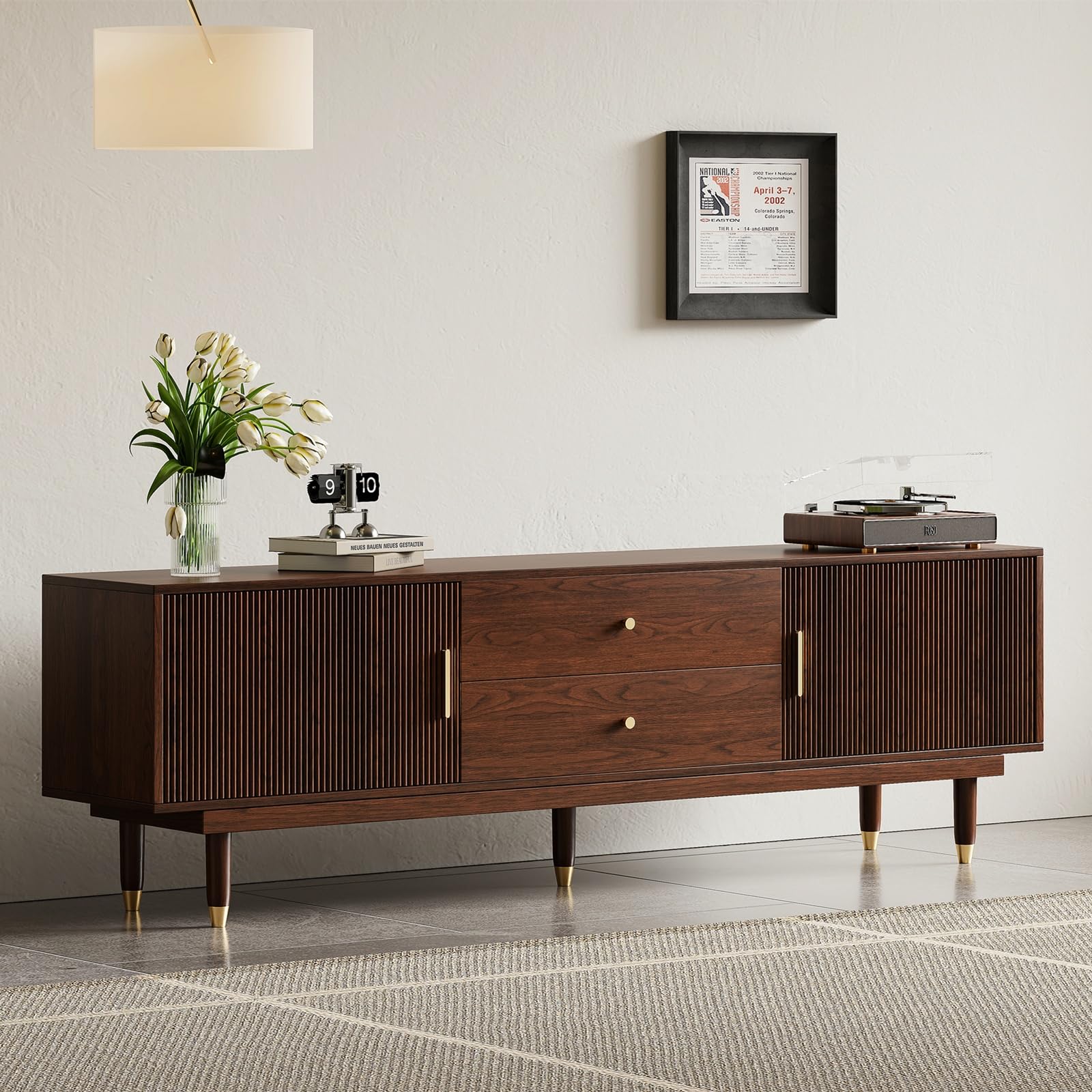 XEW Walnut TV Stand for 75 inch TV, 66.9" Entertainment Center with 2 Storage Cabinet & 2 Drawers, Modern TV Console, Mid Century Media Console for