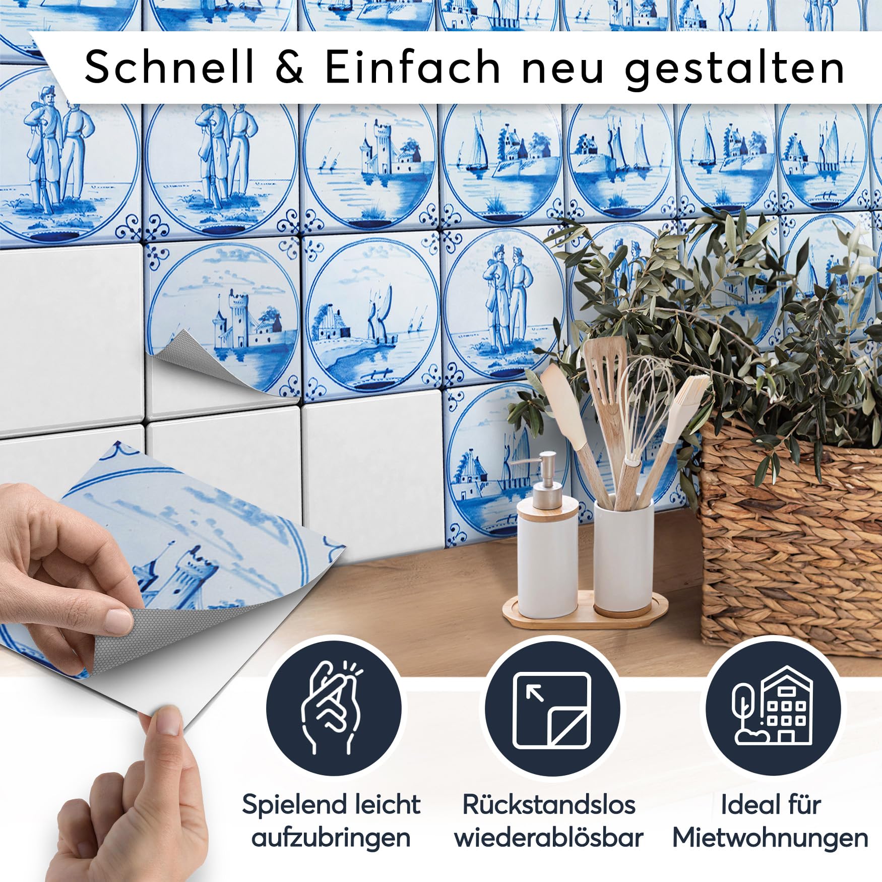 Fliesen-Folie I Dekorative Fliesensticker für Küche, Bad und Fliesenspiegel - Selbstklebende Fliesen Folie zum Renovieren von Wandfliesen I 15x15 cm - Motiv Holländische Fliese - 36 Stück
