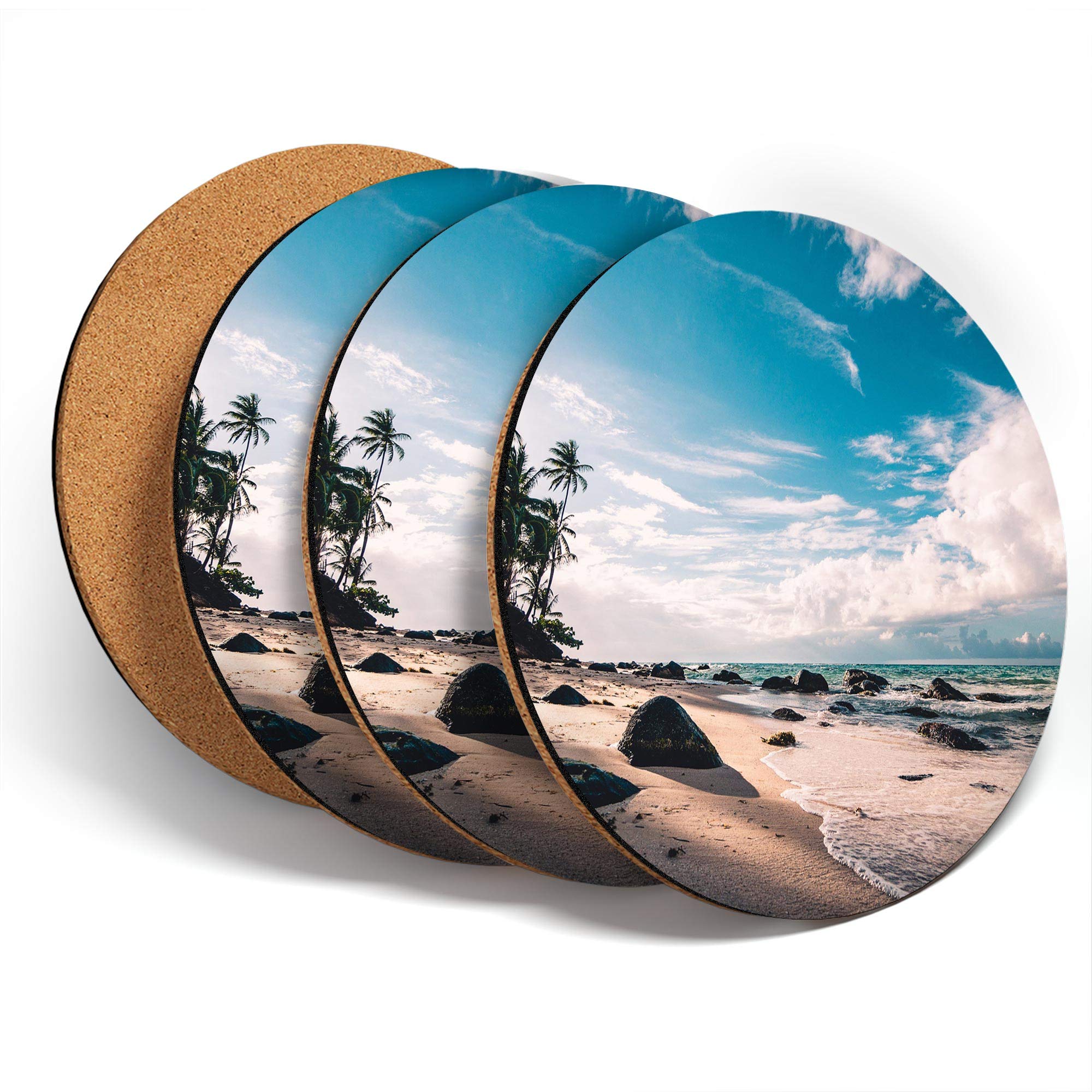 Destination Vinyl ltd Great Coasters (Set of 4) Round - Tropical Beach Scene Sea Sky Drink Glossy Coasters/Tabletop Protection for Any Table Type #46377