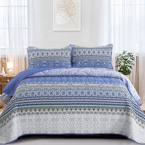 Dinjoy Blue Boho Quilt Set Queen Size, Blue Green Bohemian Striped Quilt Bedding Set Colorful Bedspread Soft Lightweight Microfiber Coverlet 3 Pieces (1 Quilt 90"x96" + 2 Pillowcases) All Season