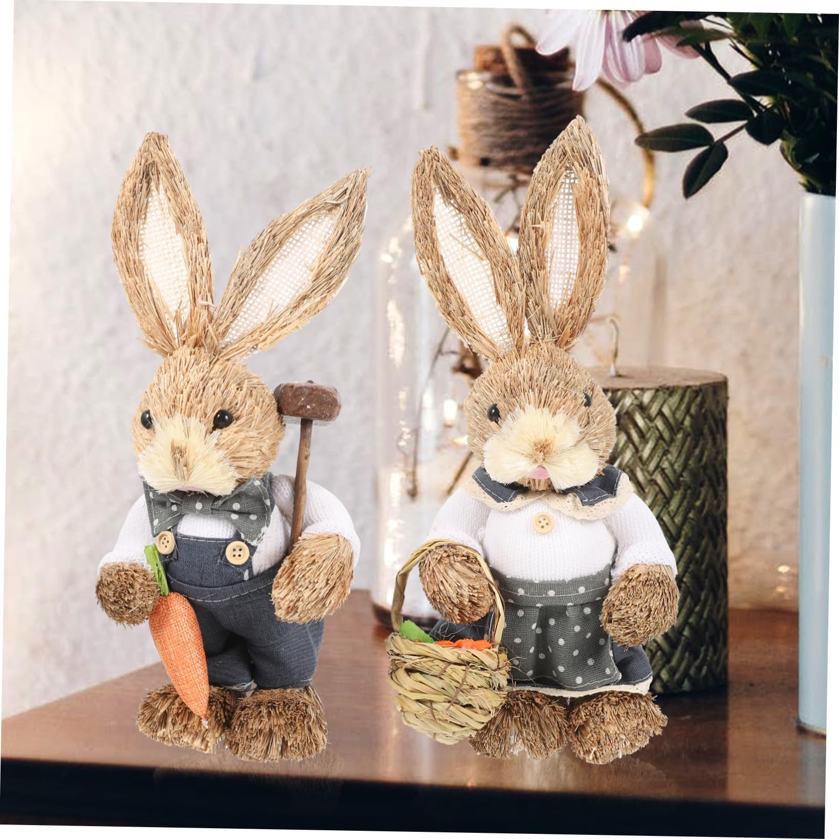Handgewebte Hasenfiguren 35cm 2 Stück aus Stroh und Baumwolle Dekorativ und Fein Gearbeitet für Zuhause und Gartendekoration