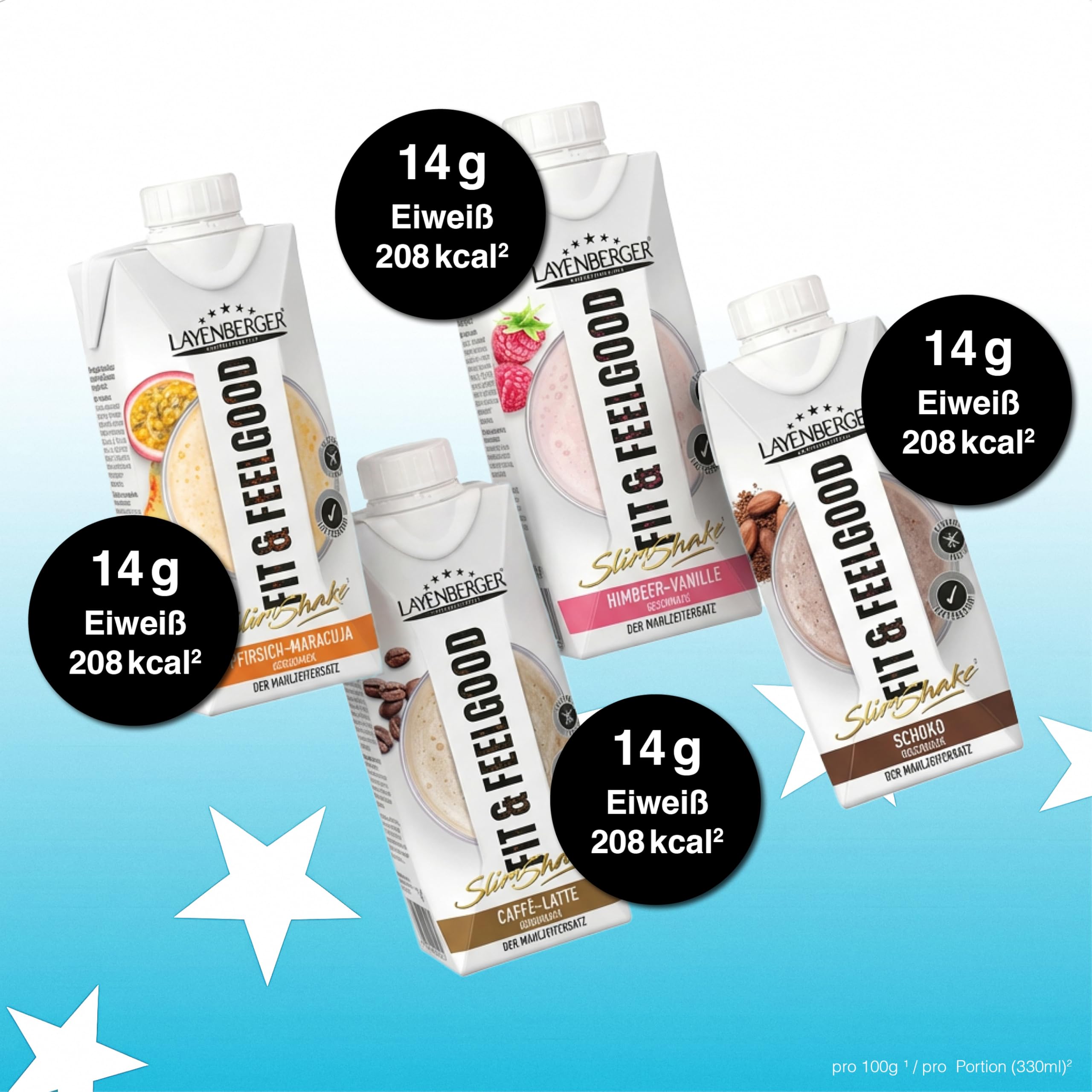 Layenberger Abnehm-Paket Premium - 23er Mix aus Fit&Feelgood Powder (6x 396 g) und Fixfertig (16x 330 ml) für kalorienarmen Mahlzeitersatz - mit Shaker