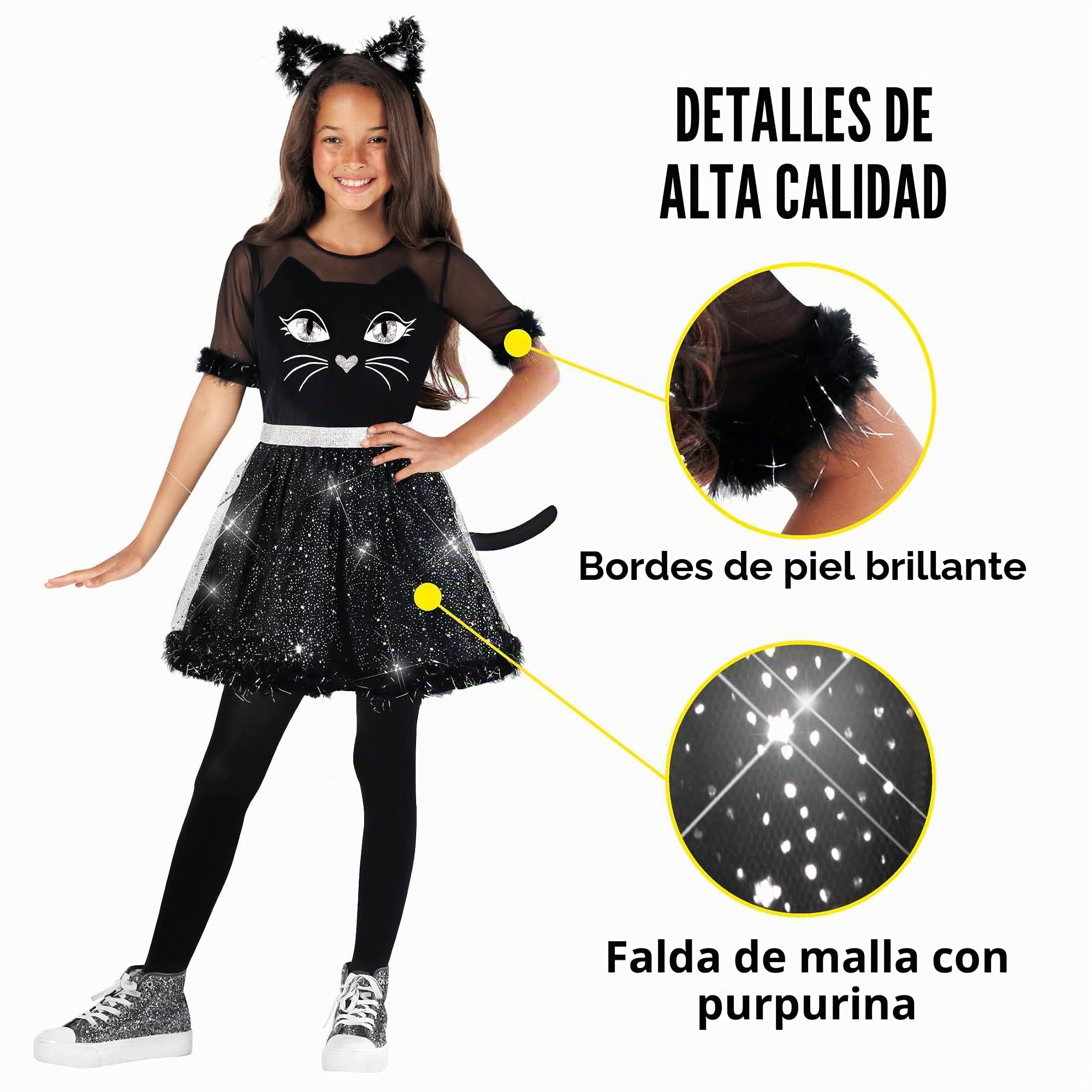 Morph Disfraz Gato Negro Niña, Disfraz Halloween Niña | Vestido con Cola, Falda de Purpurina & Diadema con Orejas, Perfecto para Halloween, Ideal para Juegos de Rol