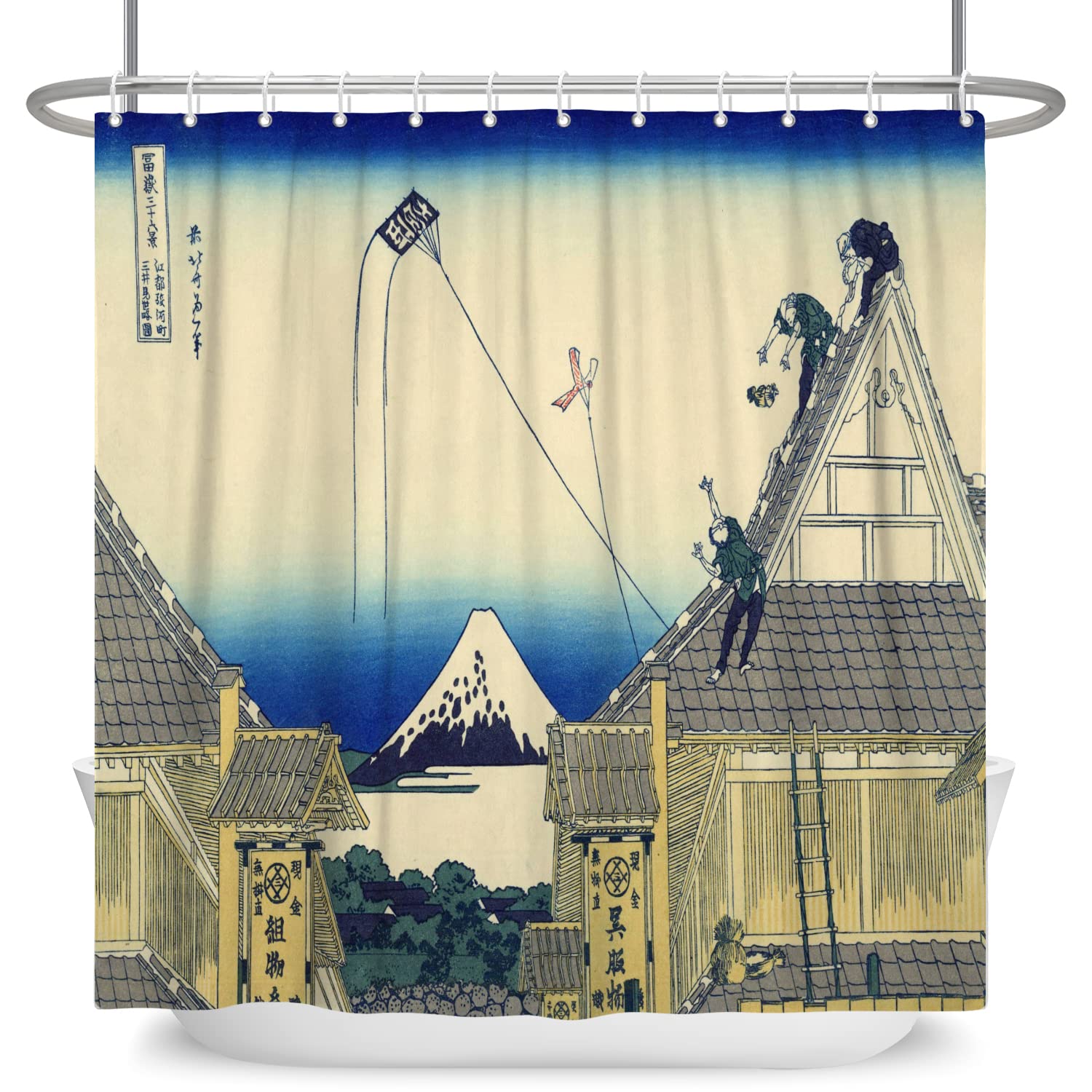 SDOTPMT 72x78inch Japanese Oil Painting Shower Curtain Kanagawa Paper Kite Flying Ukiyo-e Cottage Bath Curtain Fuji Mountain Japan Creative Art Bathtub Curtain for Bathroom Polyester with Hooks