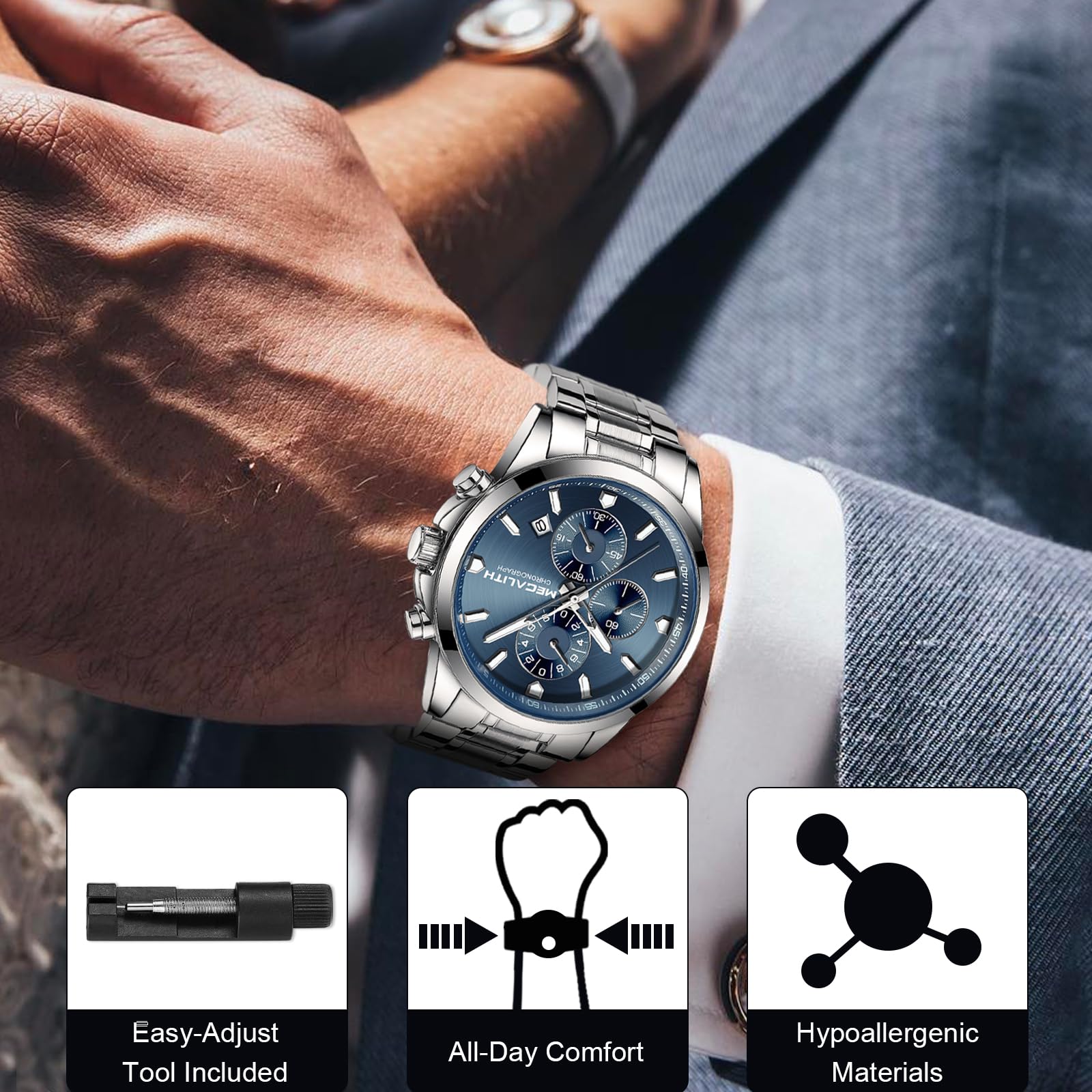 MEGALITH Herren Uhren Edelstahl Armbanduhr: Analog Quarz Wasserdicht Chronograph Herrenuhren mit Leuchtend Datum - Stilvoll Geschenke für Business Männer Jubiläum Geburtstag