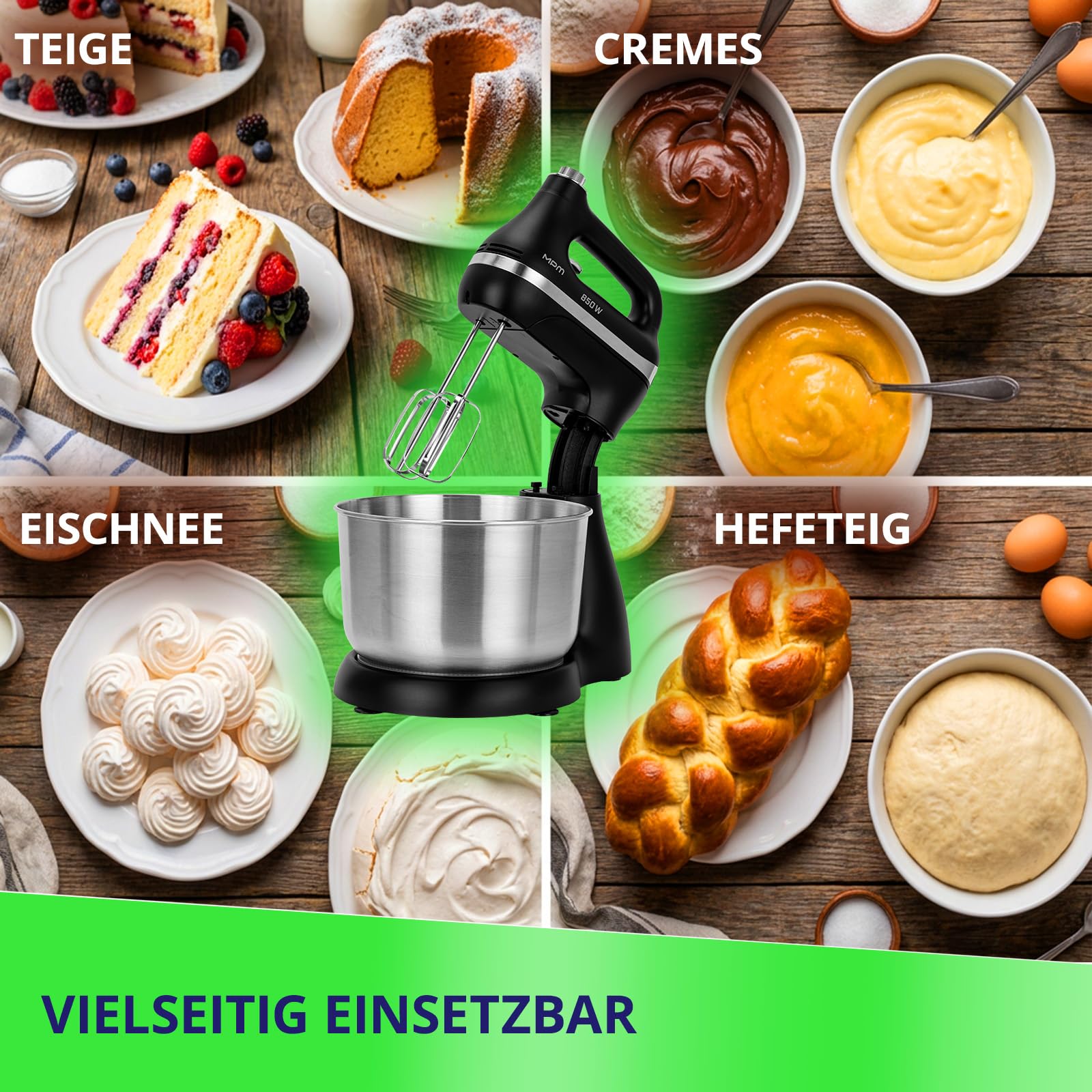 MPM Mikser ręczny z miską do mieszania stal szlachetna 4,2 l, 850 W, czarny