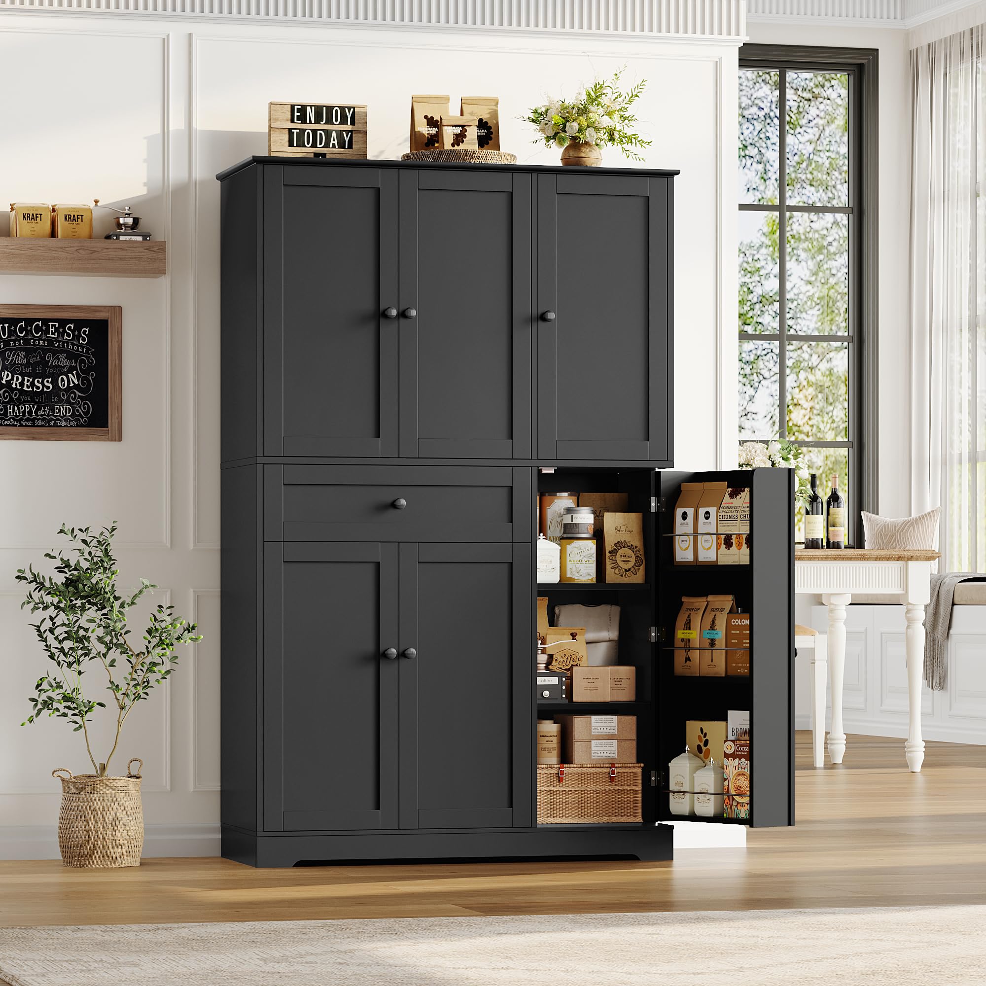 Condition photo showing New/Like New for 68" tall kitchen pantry storage cabinet, modern kitchen hutch cabinet with doors and shelves, freestanding food pantry with large storage drawer for dining room, living room, black