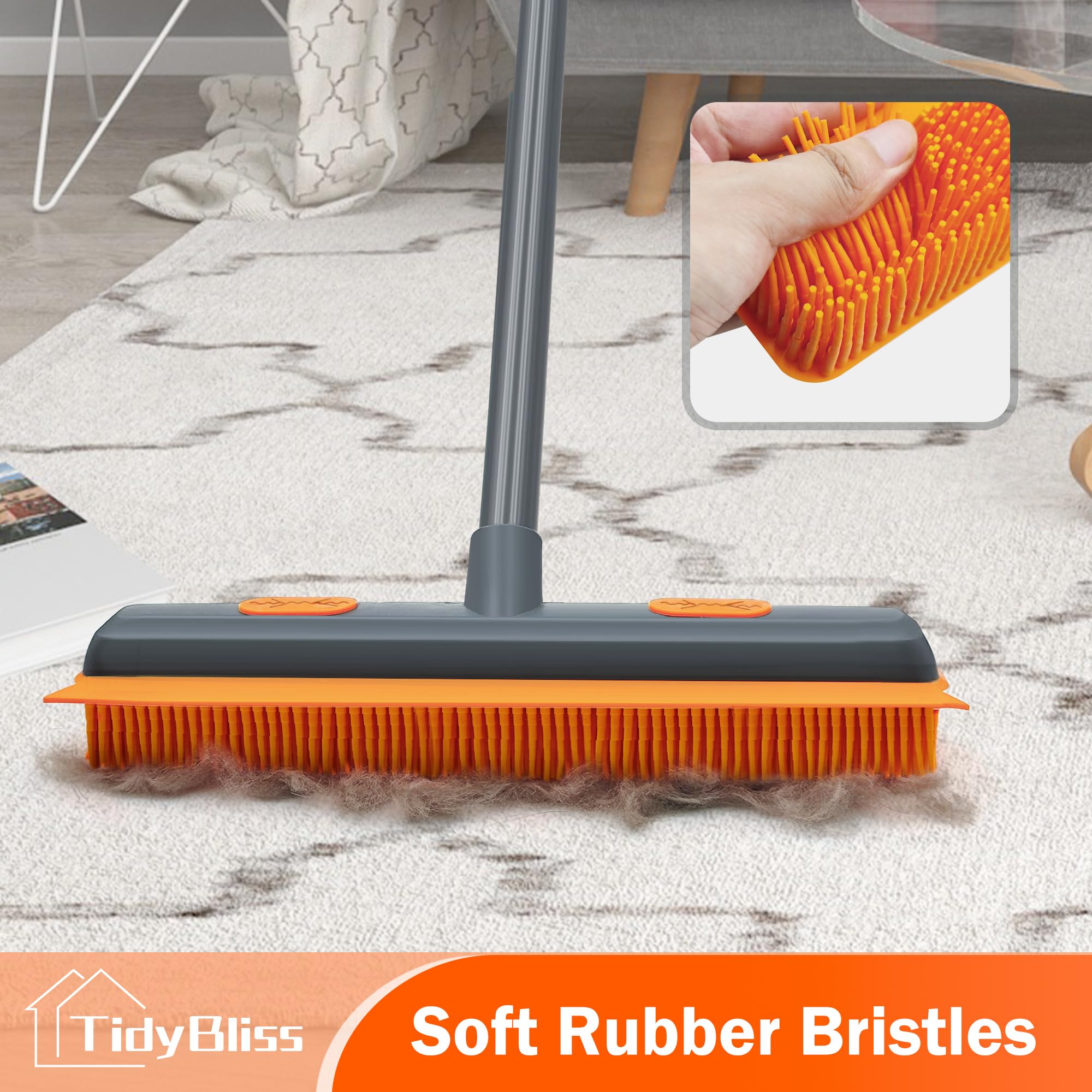 TidyBliss Scopa in Silicone per Pavimenti, Spazzolone Gomma con Tergicristallo, Manico Lungo 146 cm per Pulizia di Tappeti Finestre Piastrelle Pavimenti in Legno Duro (Arancione)