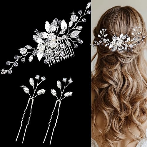 1 peine de cristal para el cabello de boda con 2 piezas de diamantes de imitación de novia, horquillas de perlas de cristal, accesorios para el