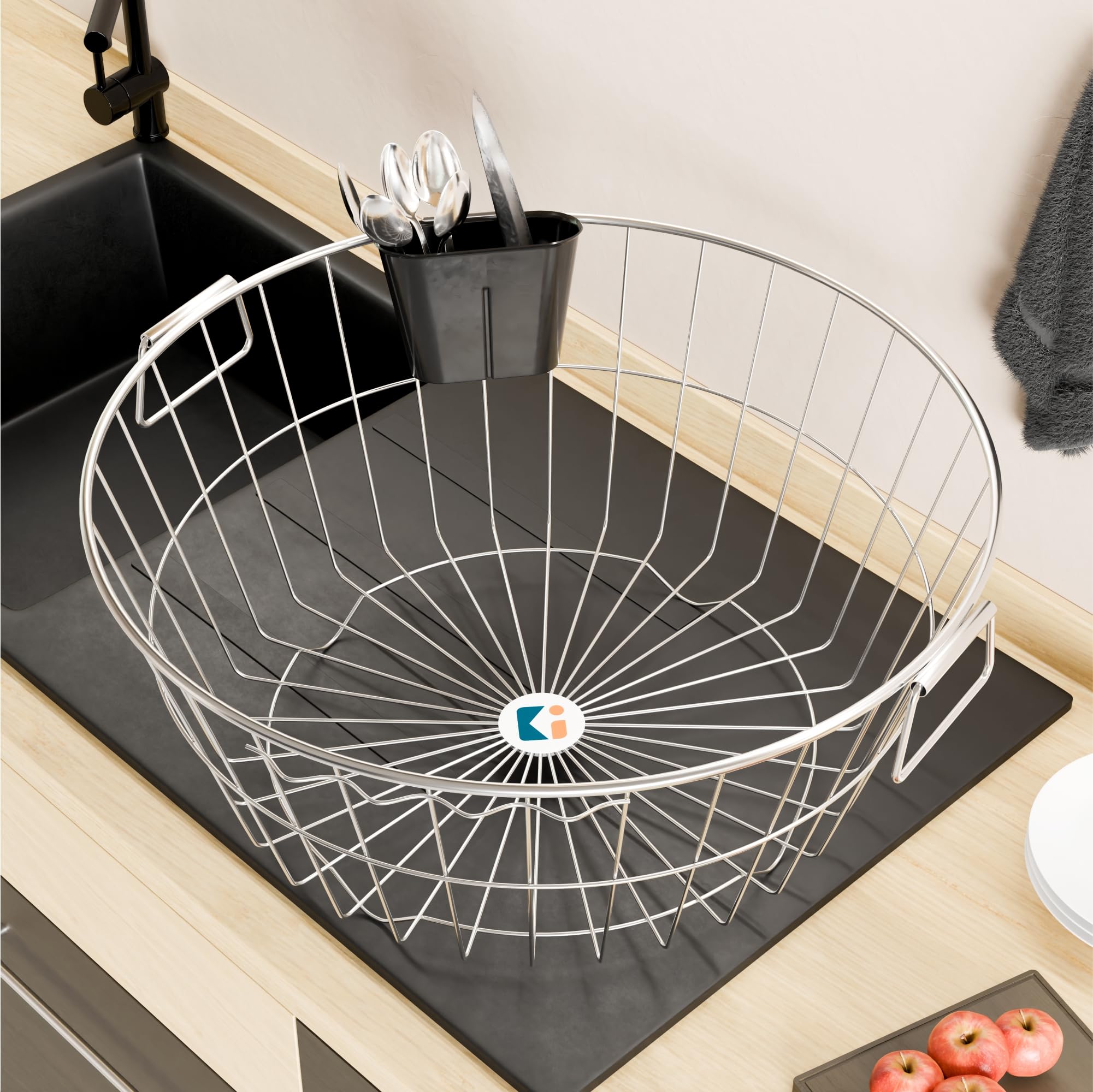 Kuber Industries Round Stainless Steel Utensils Drying Rack with Plastic Cutlery Holder | Dish Organiser with Handle | Vessel Drainer Basket | Bartan/Utensil Stand for Kitchen | Silver - Image 6 thumbnail