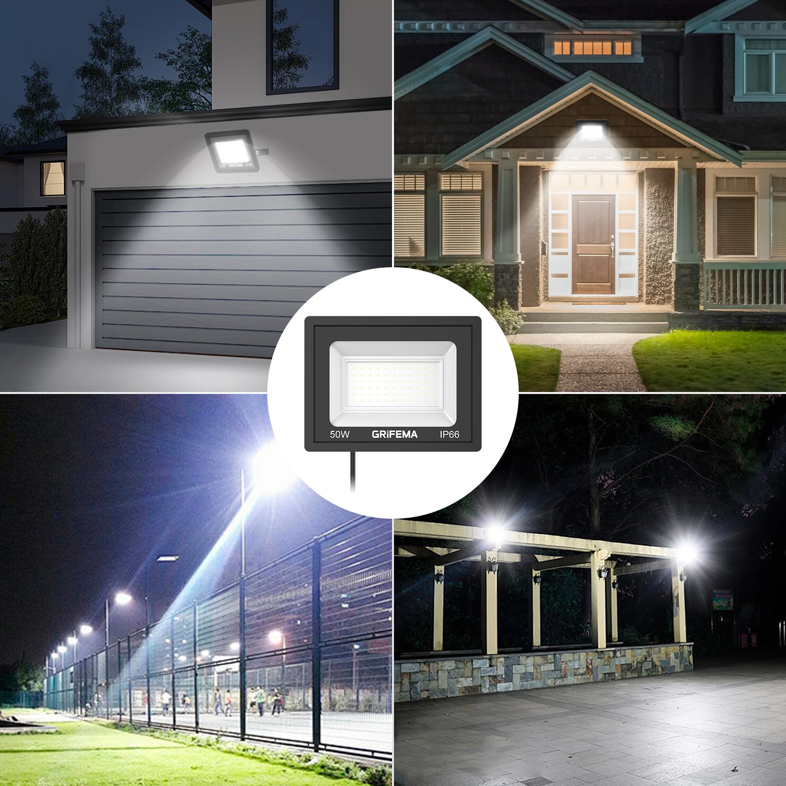 GRIFEMA Focos LED Exterior 50W, 5500LM Foco Proyector LED, 60 LED 6500K Blanco Frío Floodlight para Casa, Garaje, Patio, Camino, Jardín, Sin Enchufe (Paquete de 4)
