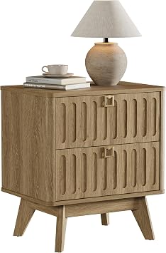 SICOTAS Mid-Century Modern Fluted Nightstand with 2 Drawers, Bedside Table