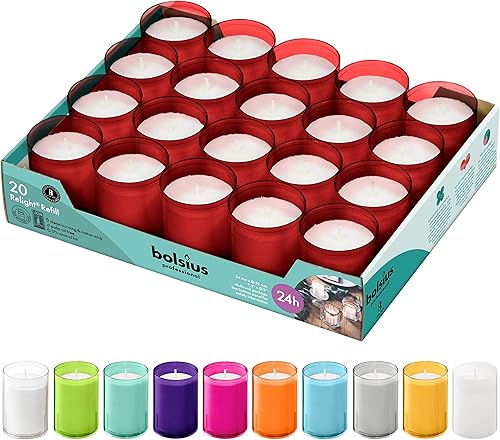 BOLSIUS Velas votivas de 24 horas, paquete de 20 velas de Navidad en vasos de plástico irrompibles color rojo, calidad europea premium, velas suaves