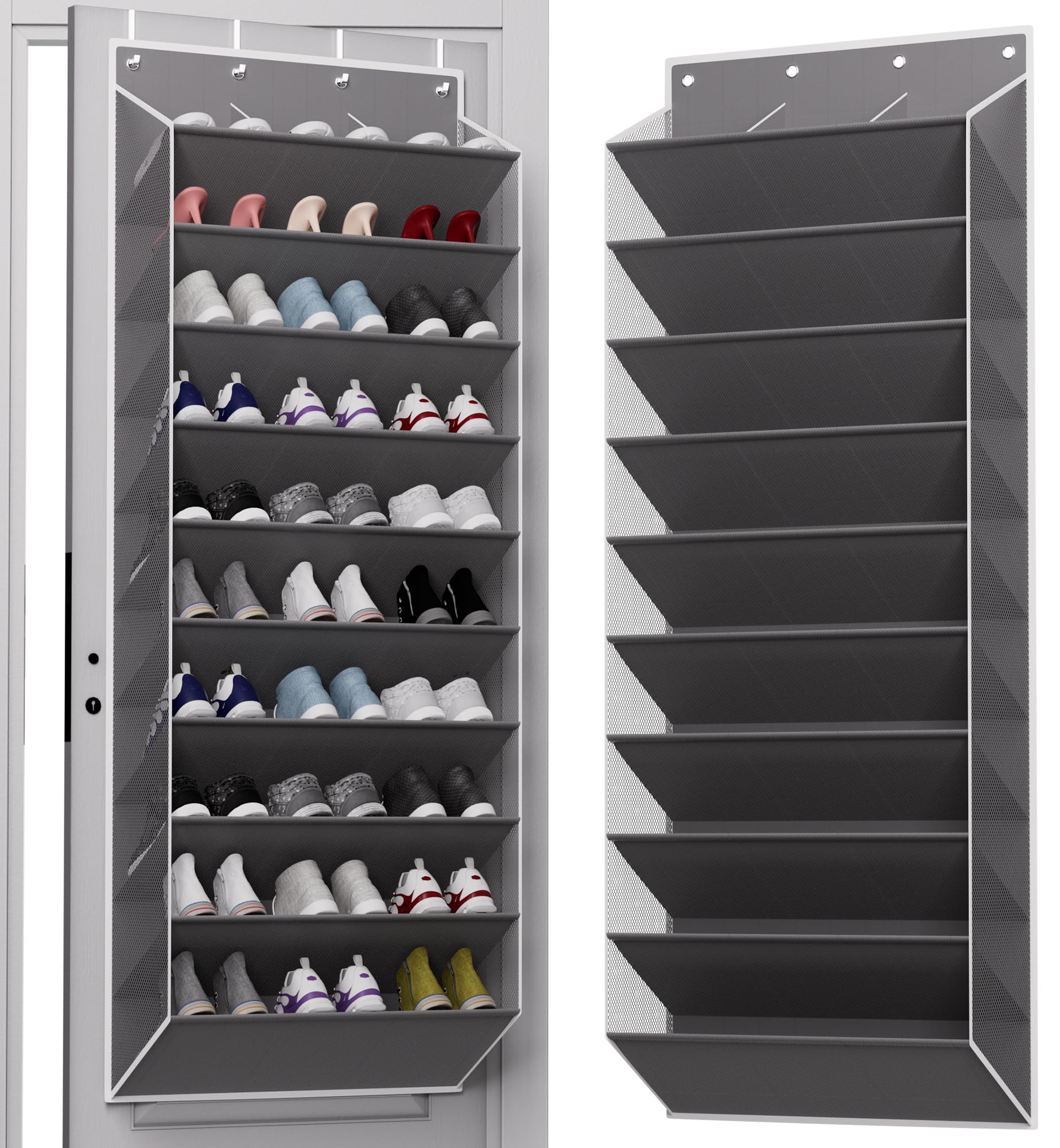 Photo 1 of TAHAVICE 30 Pairs Over The Door Shoe Organizer, 10-Tier Hanging Shoe Rack with Deep Pocket for Closet, Extra Large Shoe Storage Holder for Sneakers, Boots, Heels(Grey)