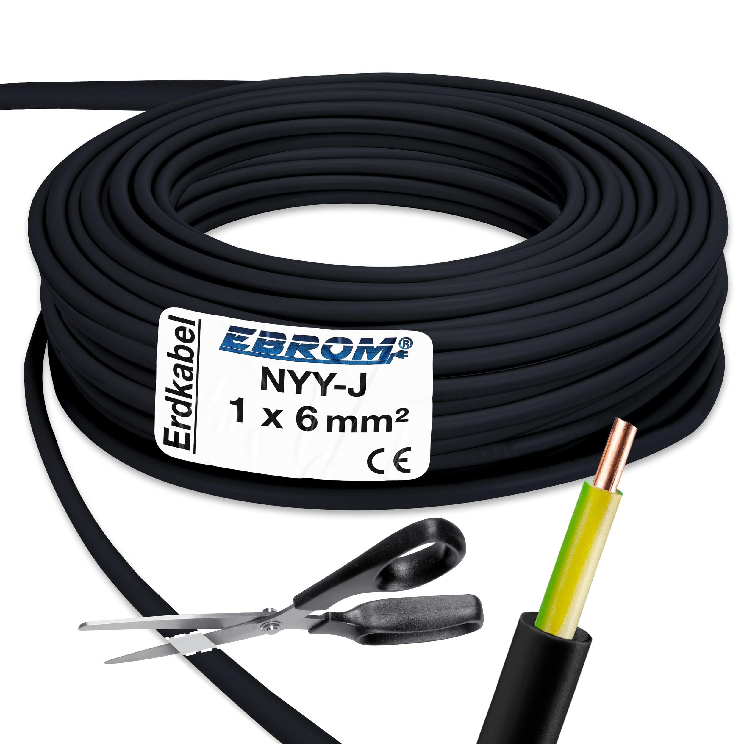 EBROM Erdkabel Blitzschutz NYY-J 1x6 mm² Erdungskabel, schwarz, 30 Meter | 5 m bis 100 m - 1x6 mm2 - !ACHTUNG: häufig verwechselt mit 1x16! Außenmantel schwarz, Innenmantel grün gelb, PVC Erdleitung