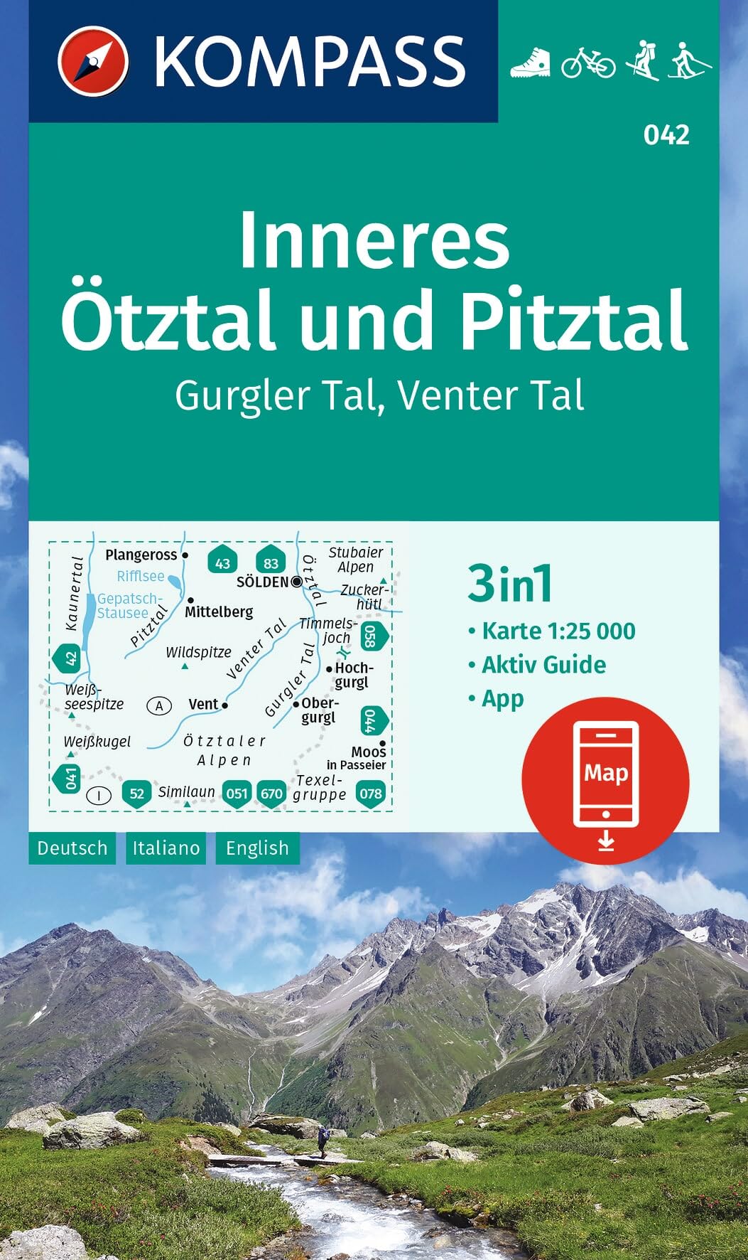 Otztal Inneres / Pitztal D/I/E + Aktiv Guide (042): 3in1 Wanderkarte mit Aktiv Guide inklusive Karte zur offline Verwendung in der KOMPASS-App. Fahrradfahren. Skitouren. Langlaufen.