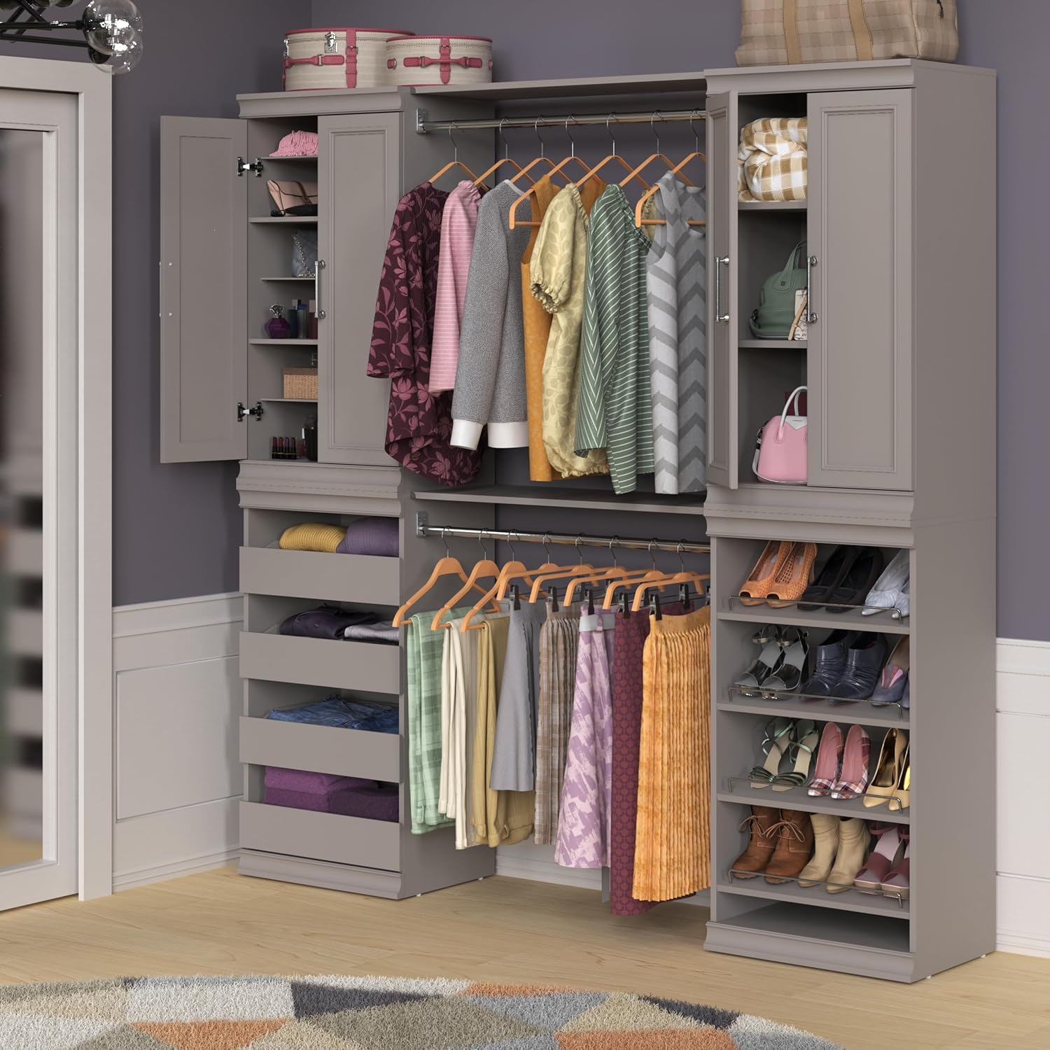 ClosetMaid Modular Storage 68.76-78.78-inch W 4-Drawer 19-Shelf Wood Closet System with Doors, Smoky Taupe