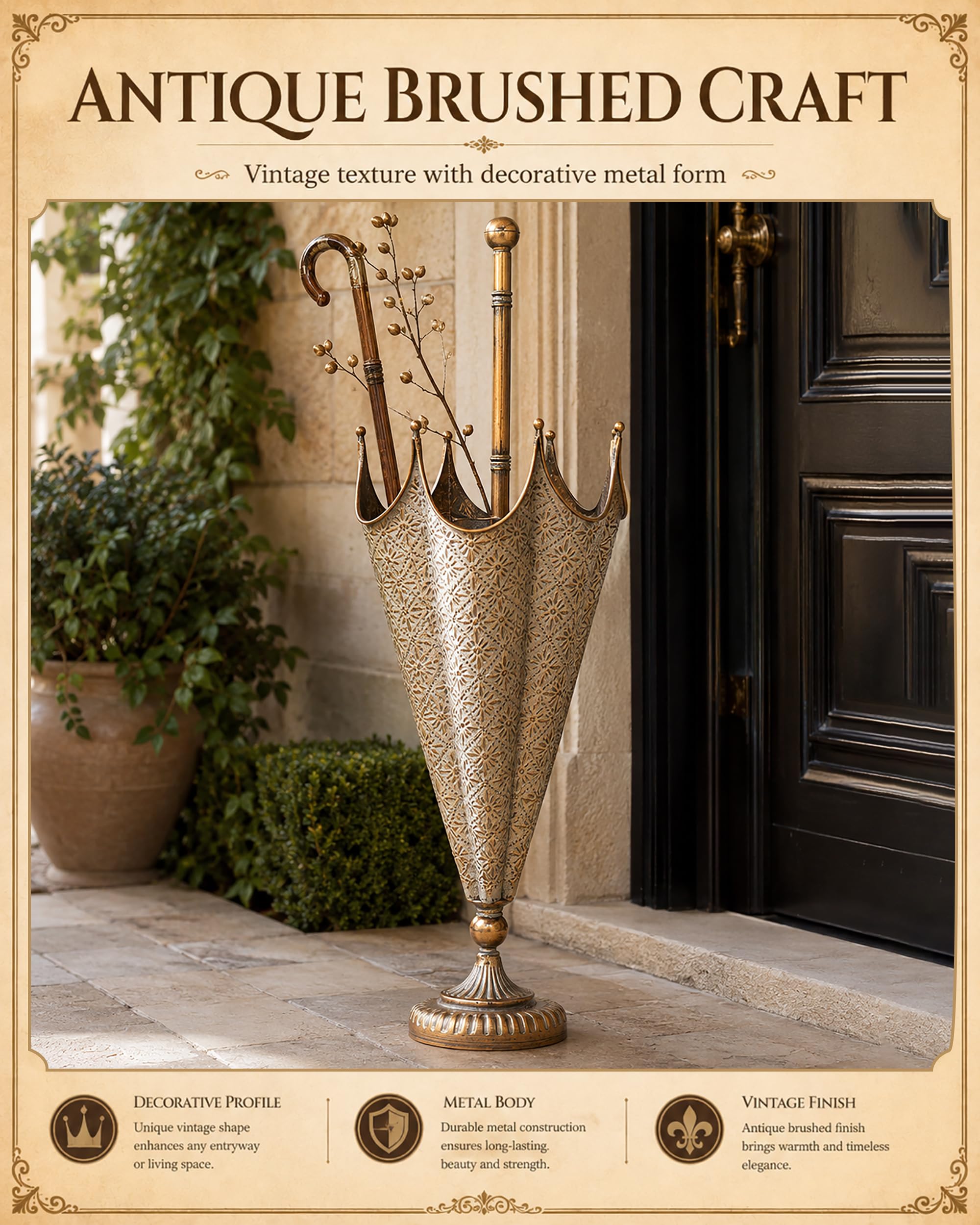 Elegancki stojak na parasole do wejścia, vintage, metalowy, wysokość 83 cm, organizer na laski, element dekoracyjny na nóżkach do wejścia, hol hotelowy