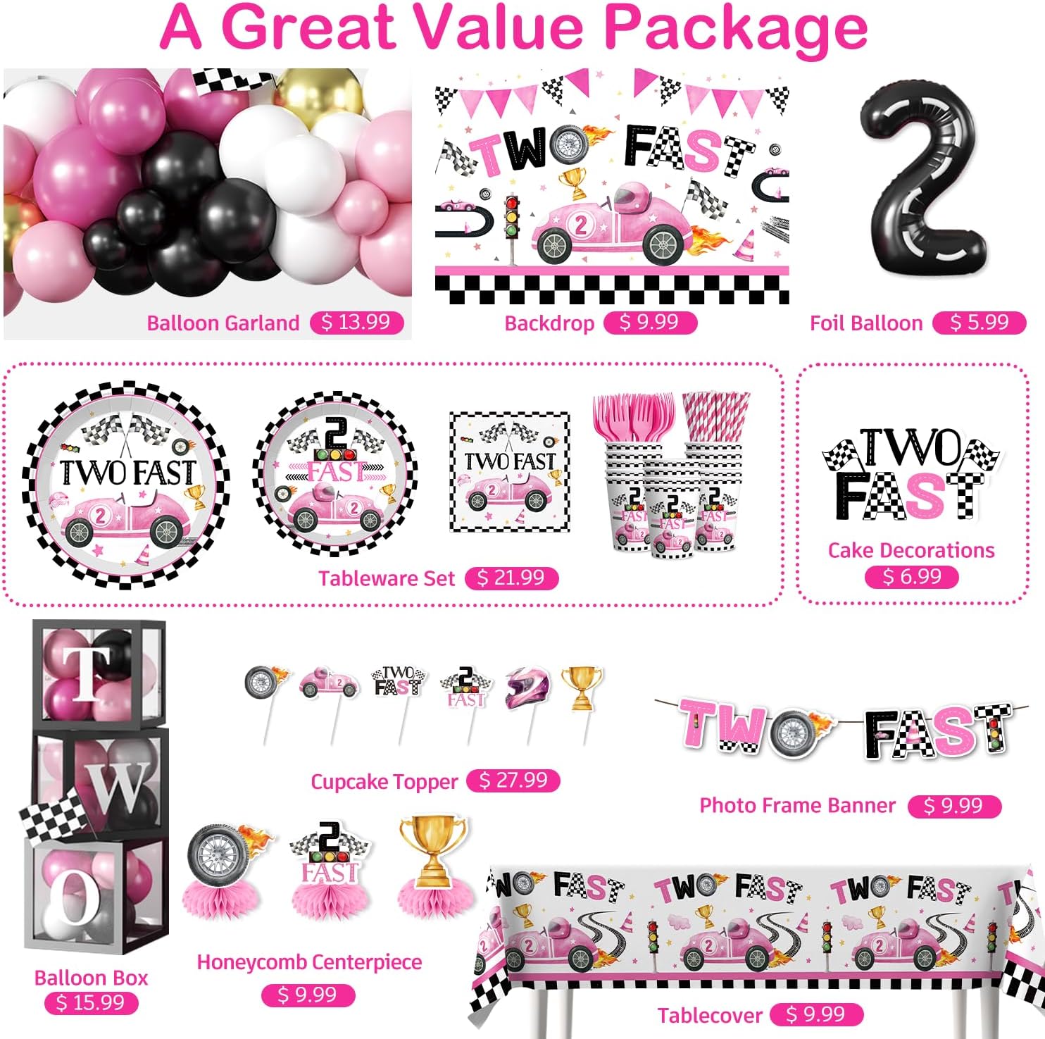 cocomigo 291pcs Two Fast Birthday Decor for 2 Year Old Girl, Worry-free One-stop Set for 25 Guests, includes Balloon Arch Thick Plates Caketopper Tablecloth, Easy Setup for Girls 2nd Birthday Party