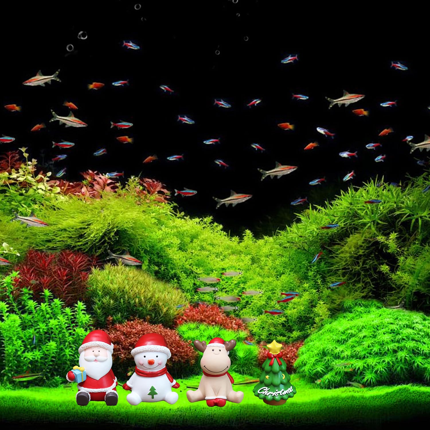 MEISH 4pcs Christmas Aquarium Ornaments Xmas Tree Santa Elk Snowman Figurine Micro Landscape Fish Tank Decorations for Table Desk Aquarium - Image 4