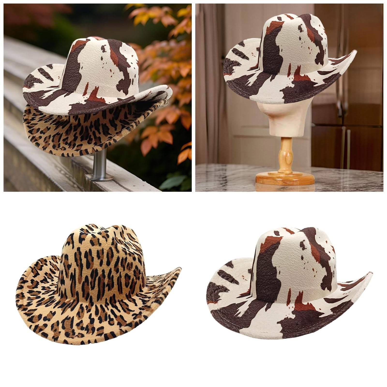 Fcnjsao Western Styles Hat Roll Trim Cowgirls Fedoras Wide Brims Hat with Animal Pattern for Outdoor Activity and Cosplay