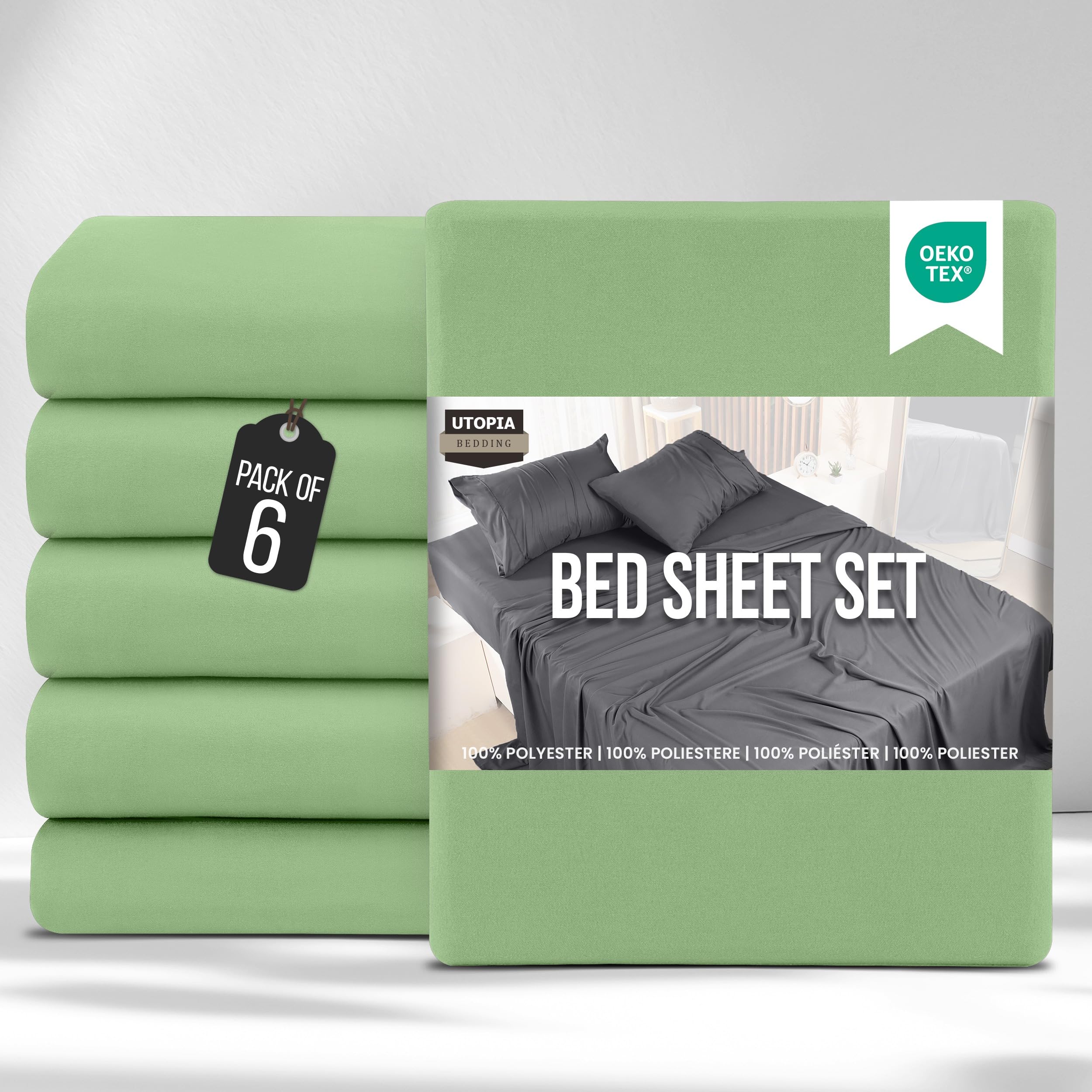 Utopia Bedding Bed Sheets Set Bulk Pack of 6 (King, Sage) – Fitted Sheet, Flat Sheet with Pillow cases 50x75 – Wrinkle, Shrinkage & Fade Resistant – Soft Brushed Polyester Microfiber Fabric — image 1