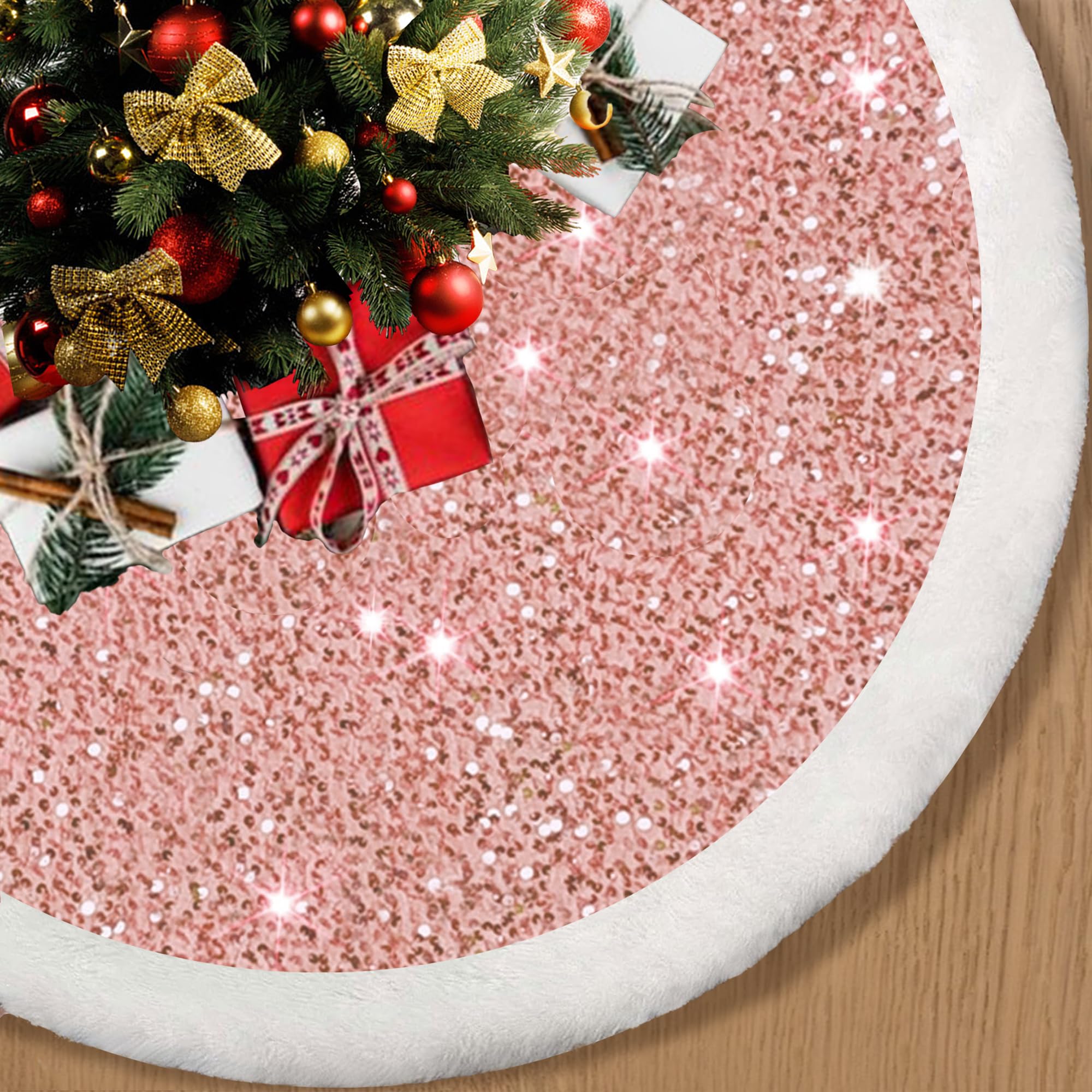 Christmas Tree Skirt Tree Cover 36 inches Pink Sparkly Sequins Glitter Plush Christmas Classic Tree Skirt Party Round Skirt for Xmas Home Decorations