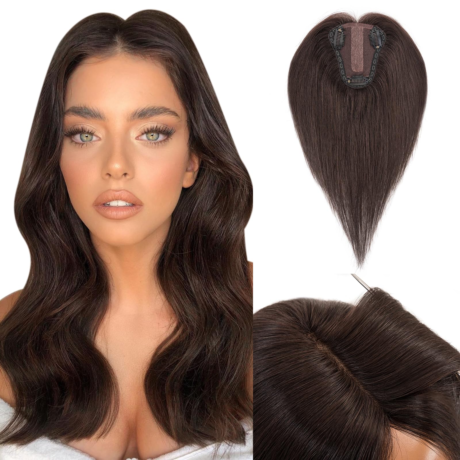 Hairro Human Hair Toppers Real Hair, Remy Clip in Virgin Hair Hairpieces for Women, 3.15"x3.94" Silk Base for Thinning Hair/Hair Loss/Covering Greyish Hair