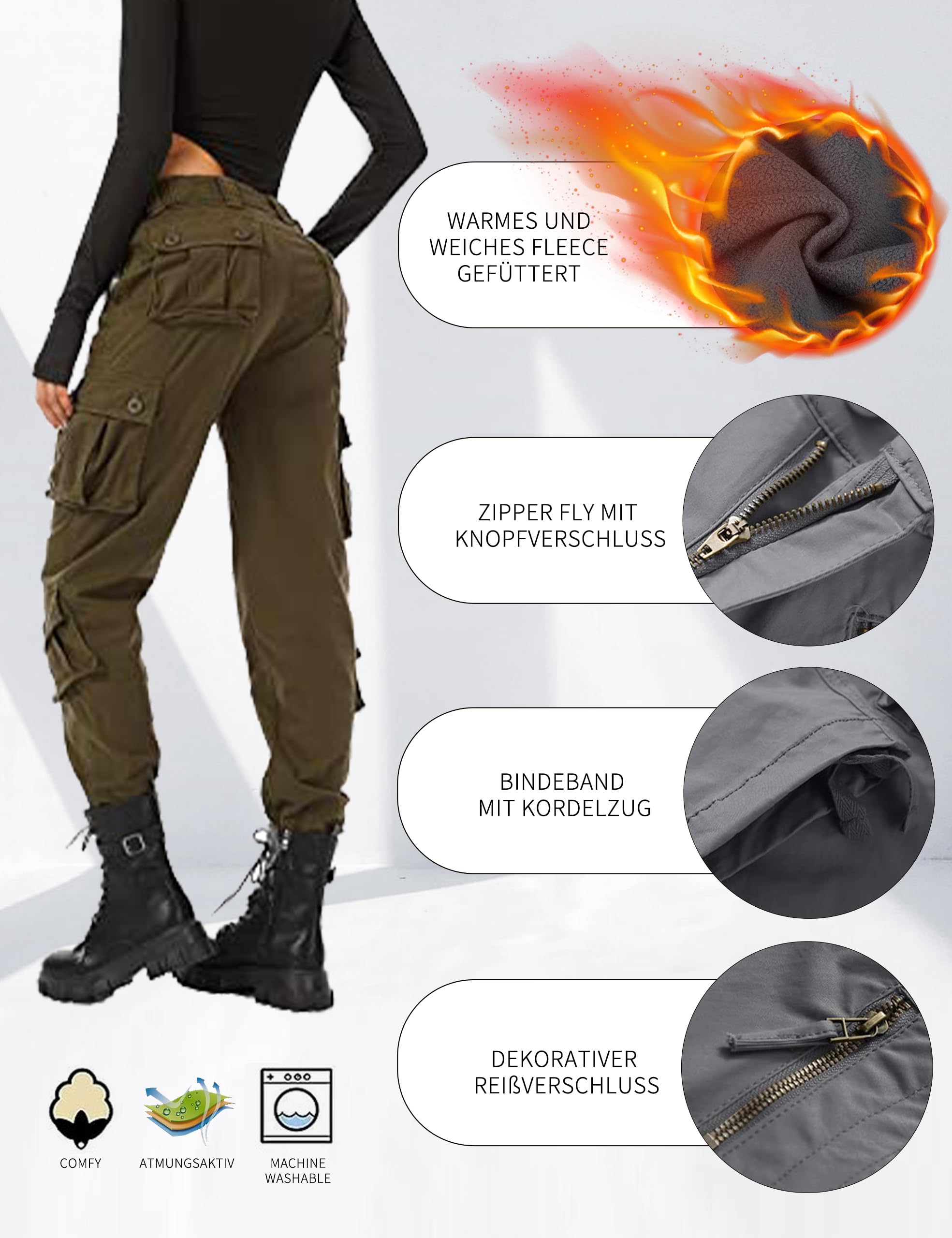 Pantaloni cargo da donna, invernali, imbottiti, con fodera in pile, in cotone, da trekking, per attività all'aria aperta, vestibilità rilassata, con molte tasche