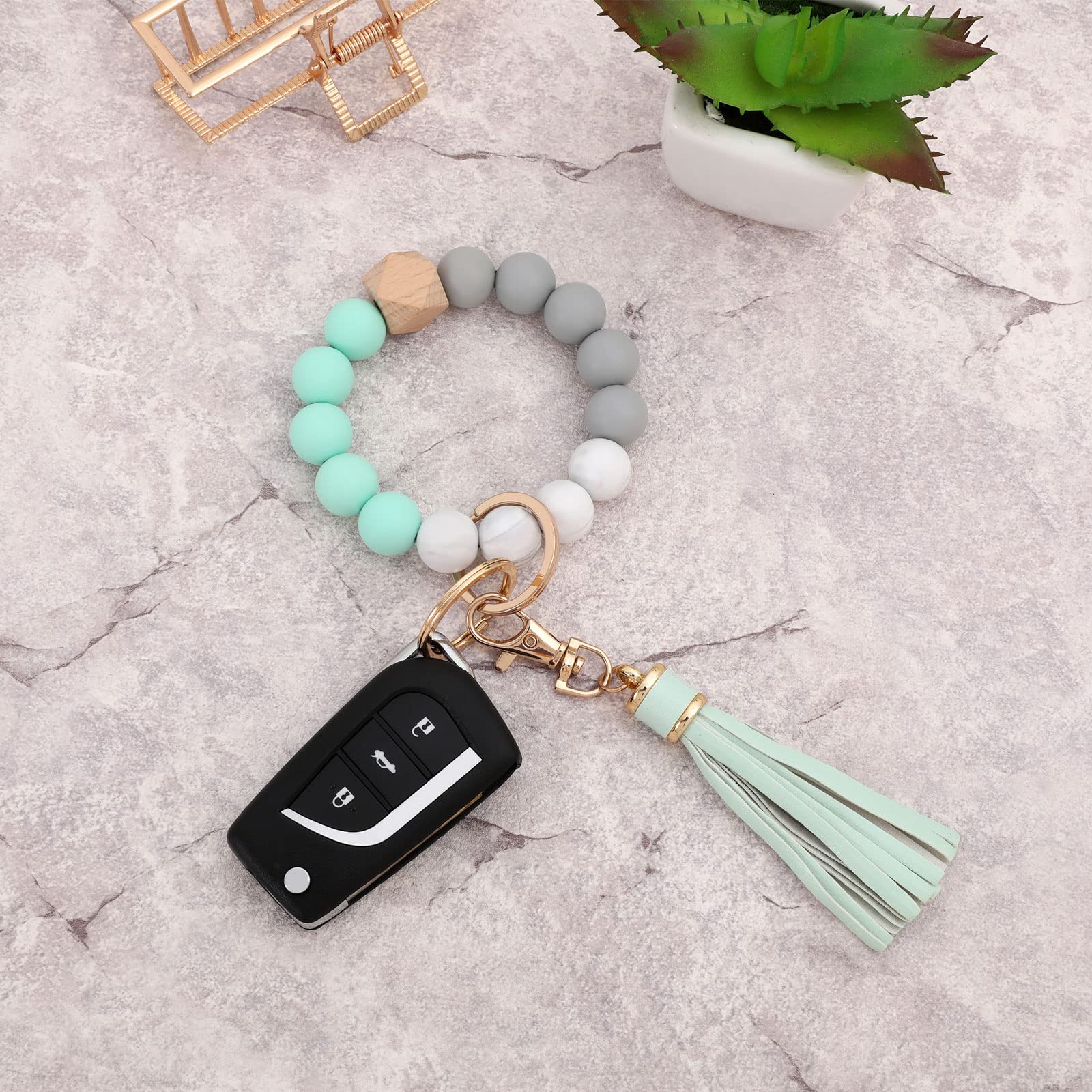 Portachiavi Bracciale In Silicone Con Perline E Nappa In Pelle - Verde Menta - Donna - BAOSIWA