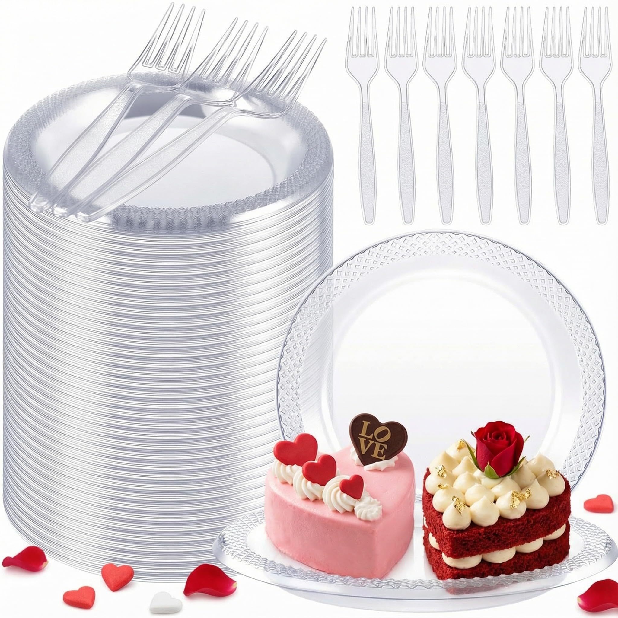 Hushee 600 Pcs Clear Plastic Dessert Plates 6'' with Forks 7'' for Cake Appetizer, 300 Small Disposable Plates and 300 Plastic Forks, Serve 300 Guests