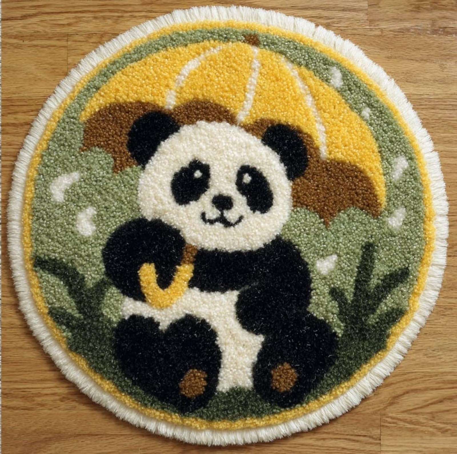WallustrioaW Beginner Small Size Latch Hook Kits,Panda with an Umbrella,Yarn Rug Kits Making,Mat,Craft Kits with Printed Canvas for Starter Kids Adult,50x50cm