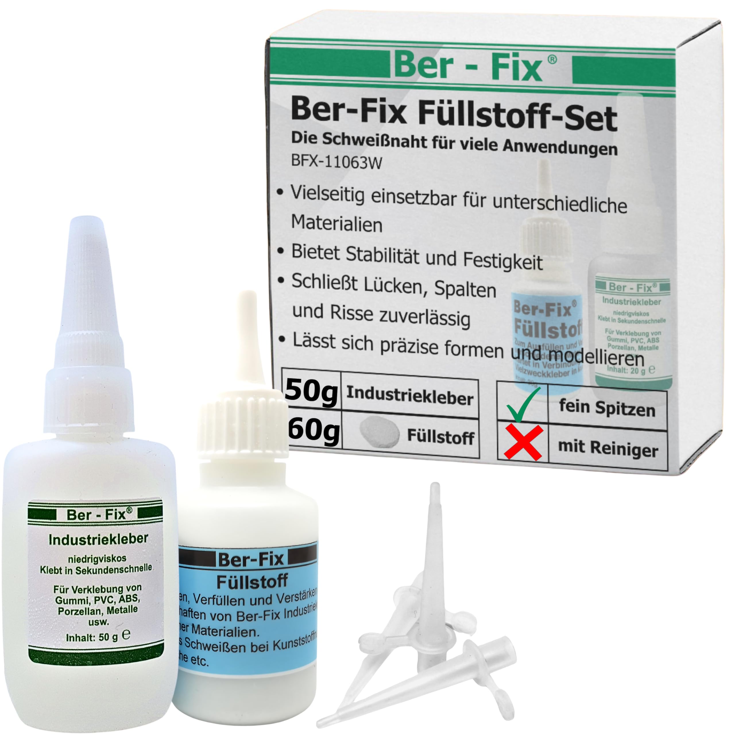 Ber-Fix - Kit de llenado de soldadura de Berlín, compuesto de 50 g de pegamento industrial y 60 g de pellets de pegamento 2K extra fuerte metal plástico PVC ABS PLA + 3 puntas
