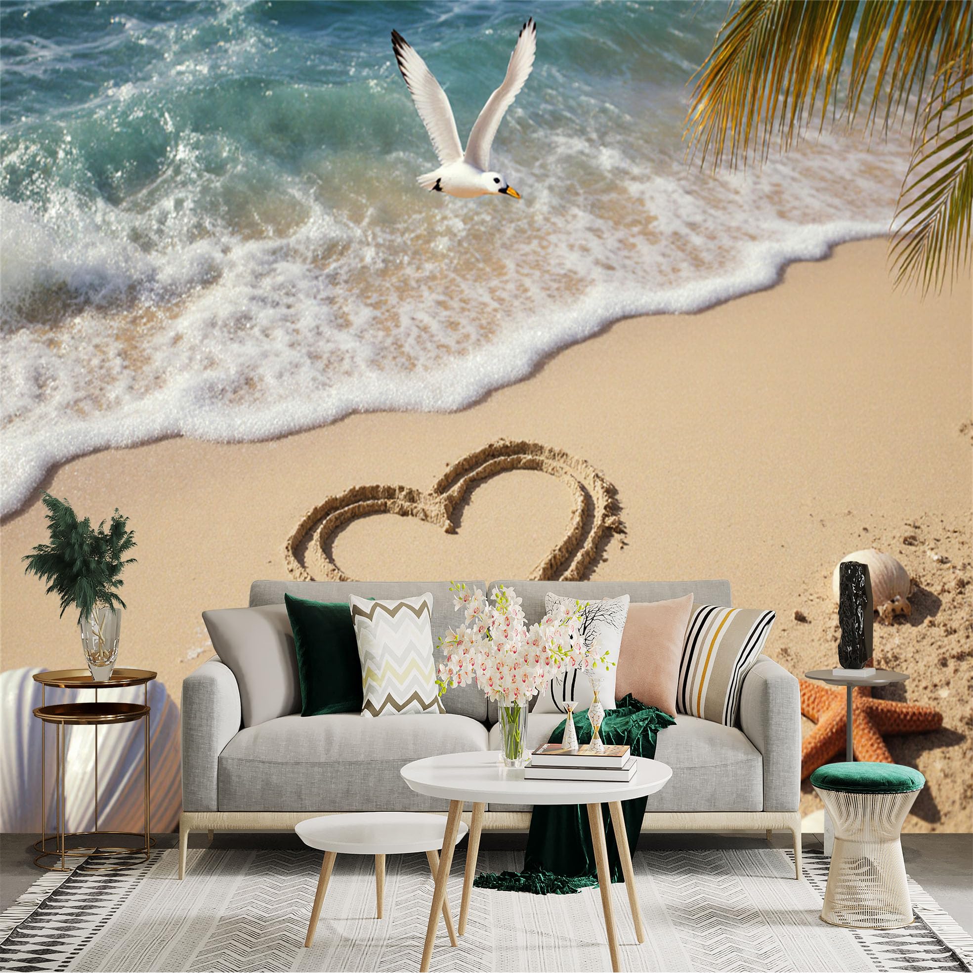 Custom Size Wall Sticker Mural， Heart Shape in Sand， Tropical Beach Seascape， Flying Seagull， Seashells and Starfish， for wall Decoration， peelandstick wall Decals.